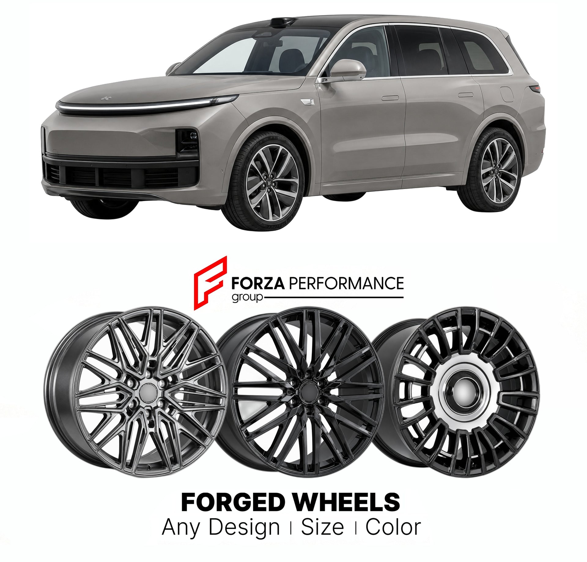 Custom forged wheels for Li Auto Li Xiang L8 2022+. Made-to-order monoblock, 2-piece and 3-piece wheels in custom sizes, offsets, colors and finishes with guaranteed vehicle fitment.

We manufacture premium quality forged wheels rims for Li Auto Li Xiang L8 2022+ in any design, size, color.

THIS WHEEL DESIGN CAN BE CUSTOM-MADE FOR YOUR CAR IN ANY SIZE AND COLOR OPTIONS
Available in monoblock, 2-piece, 3-piece, duoblock, beadlock
3D wheel renderings are provided according to the exact dimensions and specifi
