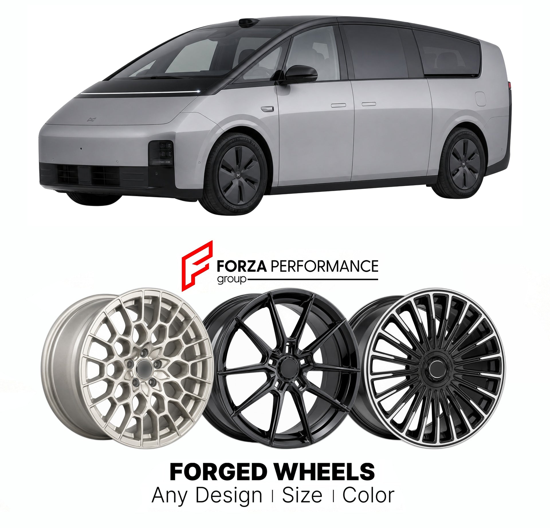 Custom forged wheels for Li Auto Li Xiang MEGA 2024+. Made-to-order monoblock, 2-piece and 3-piece wheels in custom sizes, offsets, colors and finishes with guaranteed vehicle fitment.

We manufacture premium quality forged wheels rims for Li Auto Li Xiang MEGA 2024+ in any design, size, color.

THIS WHEEL DESIGN CAN BE CUSTOM-MADE FOR YOUR CAR IN ANY SIZE AND COLOR OPTIONS
Available in monoblock, 2-piece, 3-piece, duoblock, beadlock
3D wheel renderings are provided according to the exact dimensions and spe