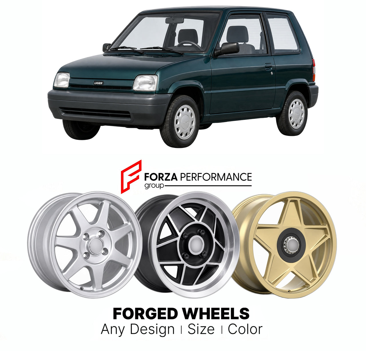 CUSTOM CLASSIC VINTAGE RESTOMOD RETRO OLD SCHOOL FORGED WHEELS RIMS for LIGIER AMBRA 1996 - 2000

Custom forged wheels for Ligier Ambra 1996 - 2000. Classic, vintage, restomod wheel designs made to order in custom sizes, offsets, colors and finishes.

We manufacture premium quality forged wheels rims for Ligier Ambra 1996 - 2000 in any design, size, color.

THIS WHEEL DESIGN CAN BE CUSTOM-MADE FOR YOUR CAR IN ANY SIZE AND COLOR OPTIONS
Available in monoblock, 2-piece, 3-piece, duoblock, beadlock
3D wheel re