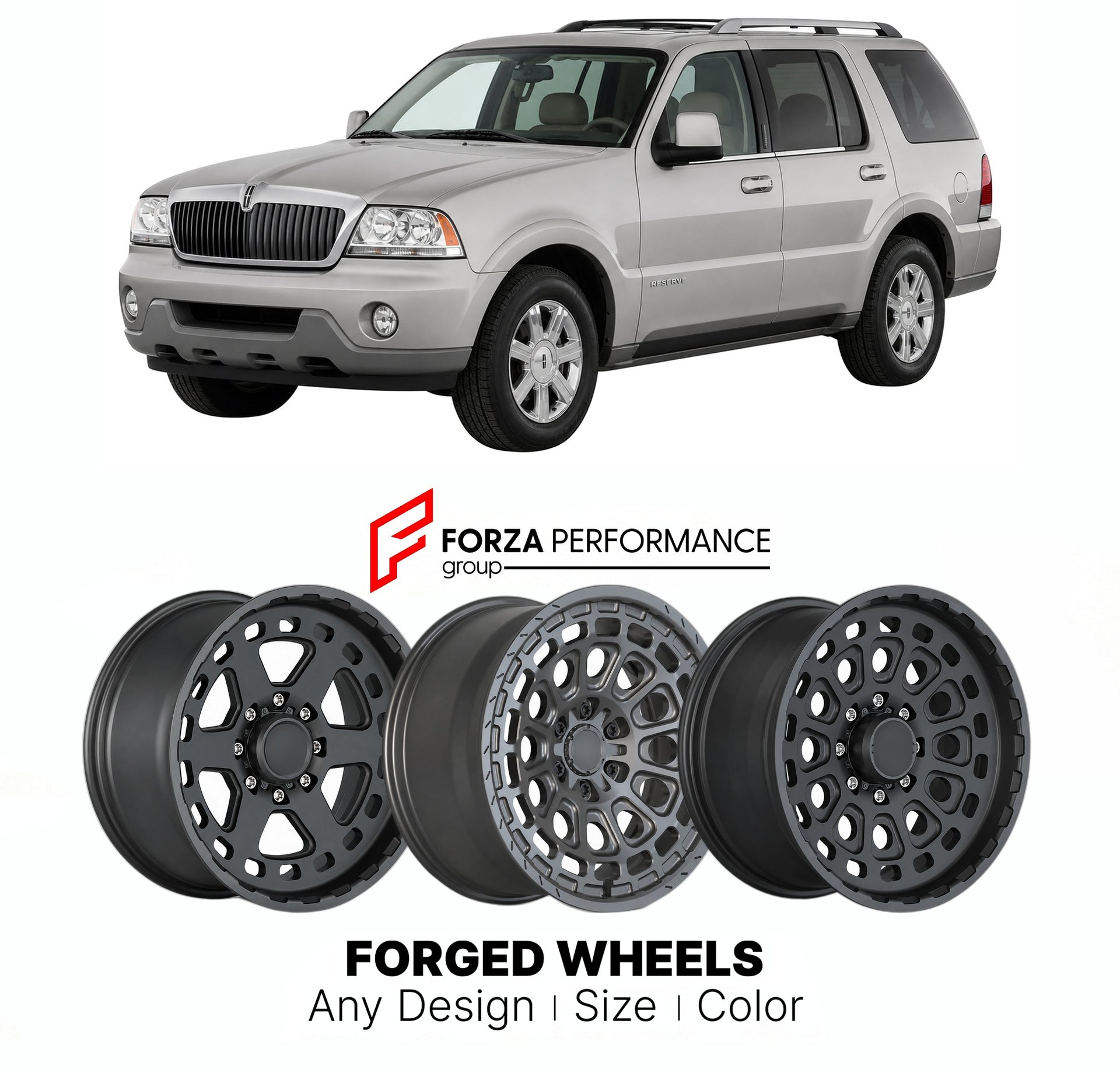 FORGED WHEELS RIMS for LINCOLN AVIATOR RESERVE 2003+

Custom forged wheels for Lincoln Aviator Reserve 2003+. Made-to-order monoblock, 2-piece and 3-piece rims in custom sizes, offsets, colors and finishes with guaranteed fitment.

We manufacture premium quality forged wheels rims for Lincoln Aviator Reserve 2003+ in any design, size, color.

THIS WHEEL DESIGN CAN BE CUSTOM-MADE FOR YOUR CAR IN ANY SIZE AND COLOR OPTIONS
Available in monoblock, 2-piece, 3-piece, duoblock, beadlock
3D wheel renderings are pr