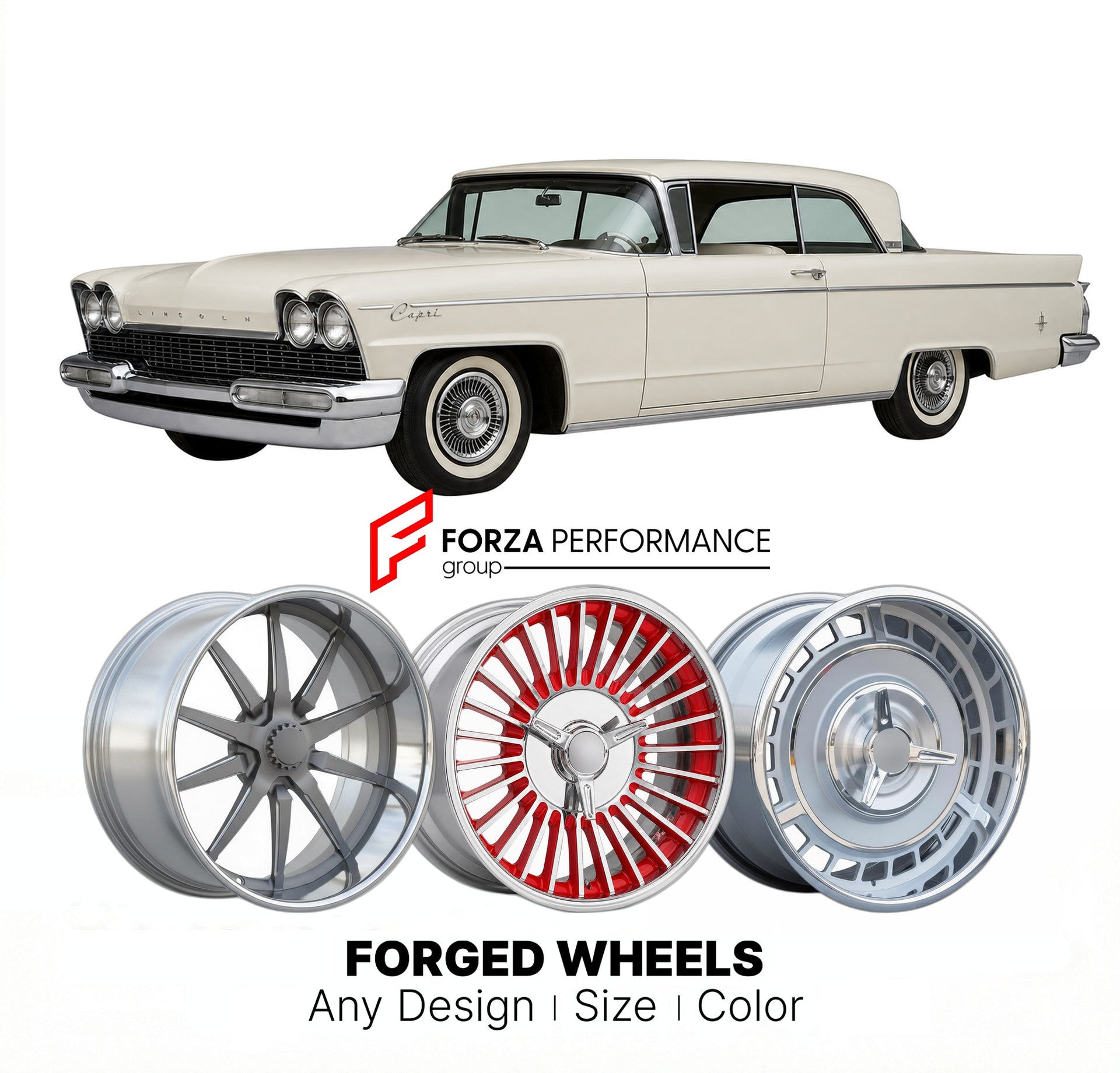 CUSTOM CLASSIC VINTAGE RESTOMOD RETRO OLD SCHOOL FORGED WHEELS RIMS for LINCOLN CAPRI 1958 - 1959
Custom forged wheels for classic American muscle cars. Ideal for restomod builds, vintage restorations, and show cars. Deep dish and retro styling available.

We manufacture premium quality forged wheels rims for Lincoln Capri 1958 - 1959 in any design, size, color.

THIS WHEEL DESIGN CAN BE CUSTOM-MADE FOR YOUR CAR IN ANY SIZE AND COLOR OPTIONS
Available in monoblock, 2-piece, 3-piece, duoblock, beadlock
3D wh