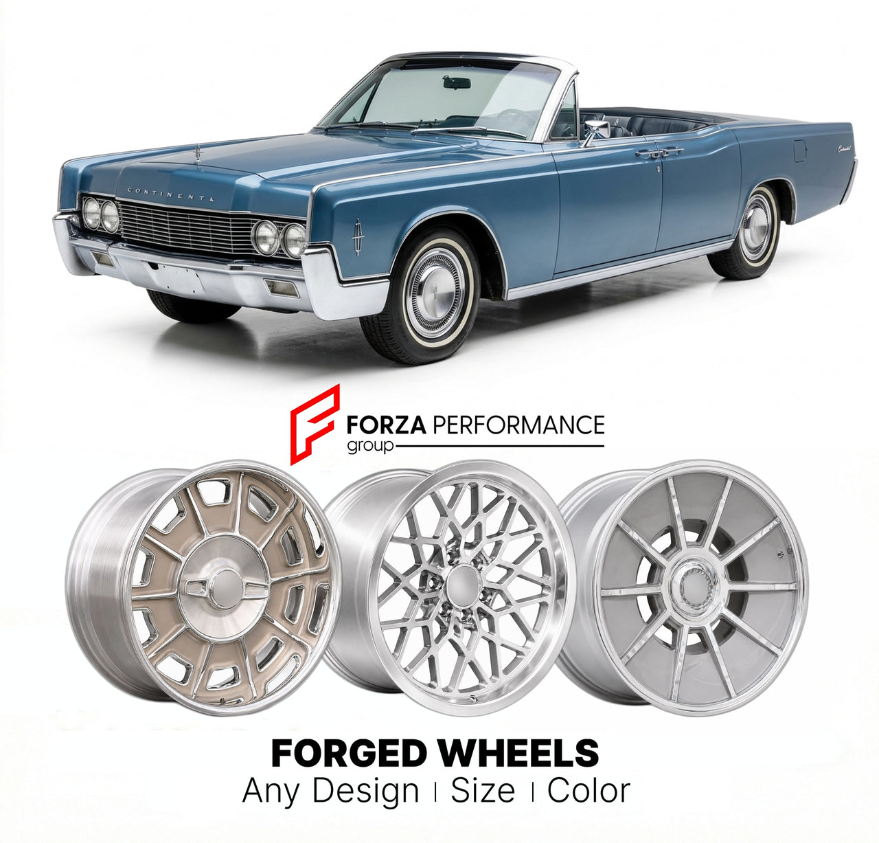 CUSTOM CLASSIC VINTAGE RESTOMOD RETRO OLD SCHOOL FORGED WHEELS RIMS for LINCOLN CONTINENTAL 1961 - 1969
Custom forged wheels for classic American muscle cars. Ideal for restomod builds, vintage restorations, and show cars. Deep dish and retro styling available.

We manufacture premium quality forged wheels rims for Lincoln Continental 1961 - 1969 in any design, size, color.

THIS WHEEL DESIGN CAN BE CUSTOM-MADE FOR YOUR CAR IN ANY SIZE AND COLOR OPTIONS
Available in monoblock, 2-piece, 3-piece, duoblock, be