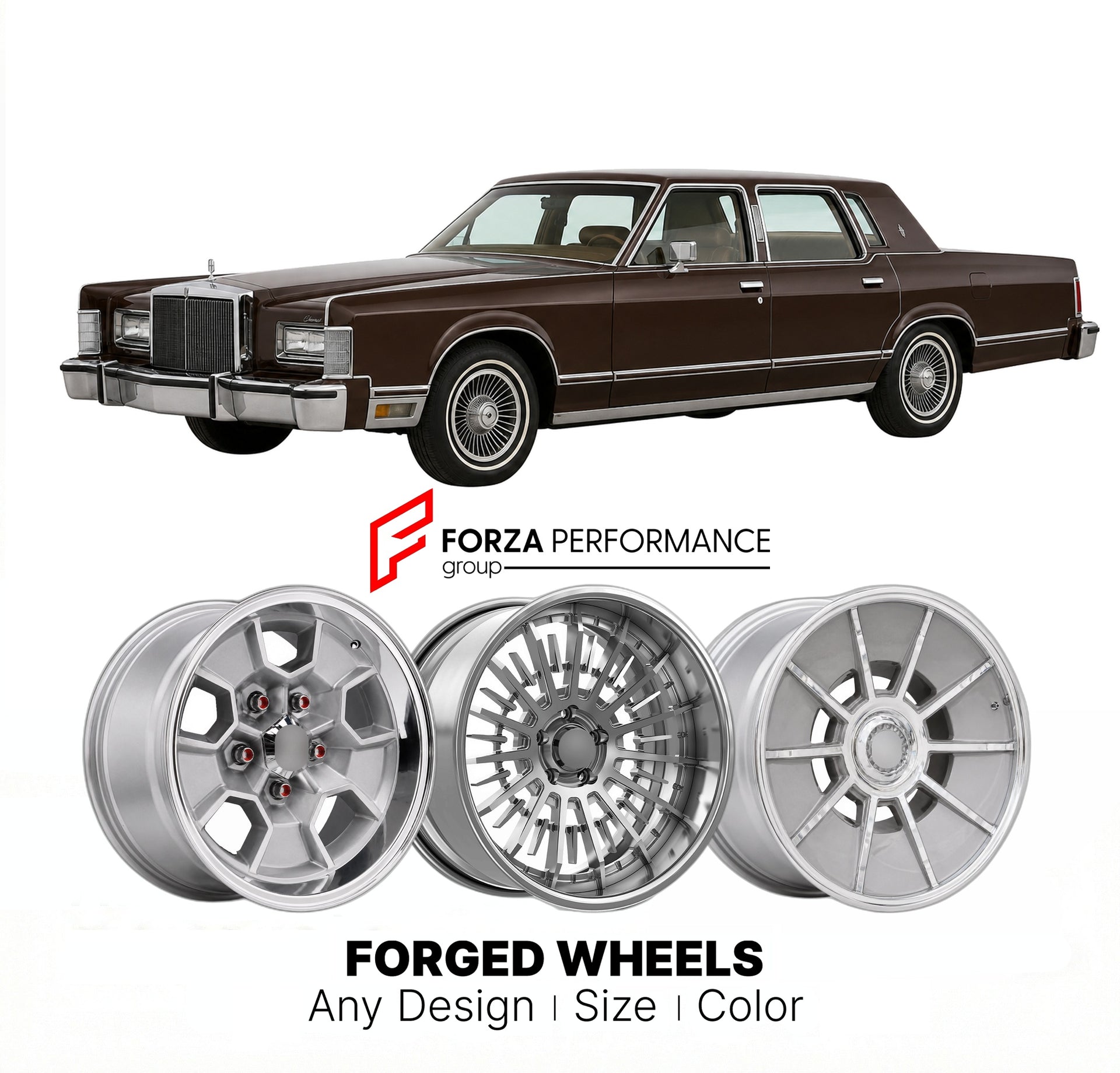 CUSTOM CLASSIC VINTAGE RESTOMOD RETRO OLD SCHOOL FORGED WHEELS RIMS for LINCOLN CONTINENTAL 1980 - 1980
Custom forged wheels for classic American muscle cars. Ideal for restomod builds, vintage restorations, and show cars. Deep dish and retro styling available.

We manufacture premium quality forged wheels rims for Lincoln Continental 1980 - 1980 in any design, size, color.

THIS WHEEL DESIGN CAN BE CUSTOM-MADE FOR YOUR CAR IN ANY SIZE AND COLOR OPTIONS
Available in monoblock, 2-piece, 3-piece, duoblock, be