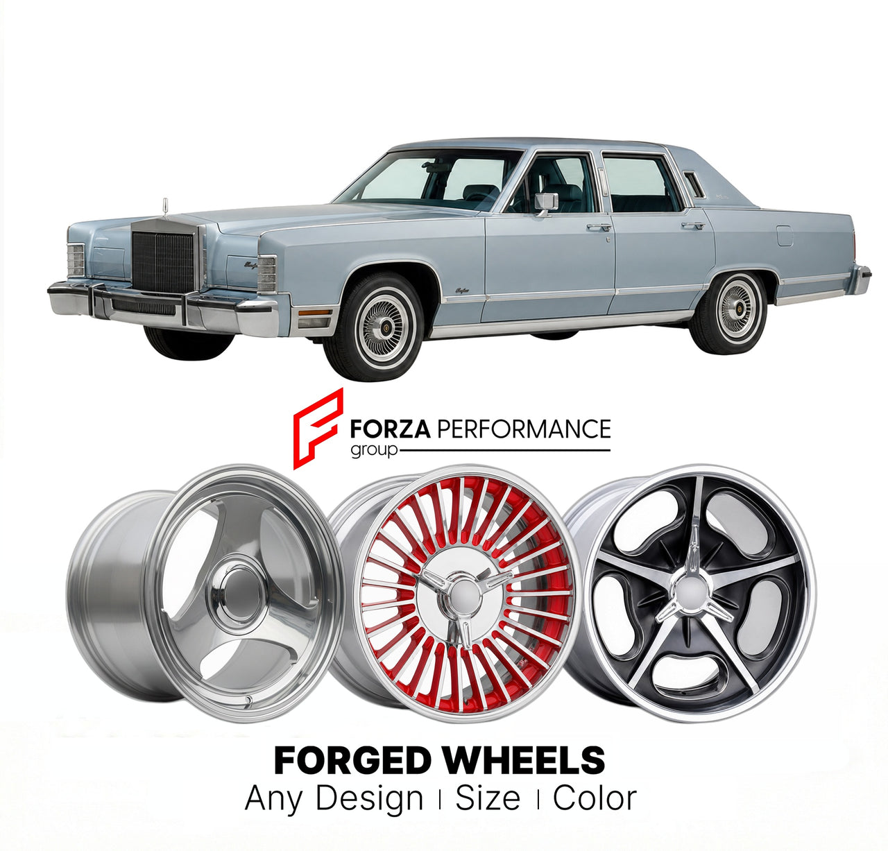 CUSTOM CLASSIC VINTAGE RESTOMOD RETRO OLD SCHOOL FORGED WHEELS RIMS for LINCOLN CONTINENTAL 1982 - 1987
Custom forged wheels for classic American muscle cars. Ideal for restomod builds, vintage restorations, and show cars. Deep dish and retro styling available.

We manufacture premium quality forged wheels rims for Lincoln Continental 1982 - 1987 in any design, size, color.

THIS WHEEL DESIGN CAN BE CUSTOM-MADE FOR YOUR CAR IN ANY SIZE AND COLOR OPTIONS
Available in monoblock, 2-piece, 3-piece, duoblock, be