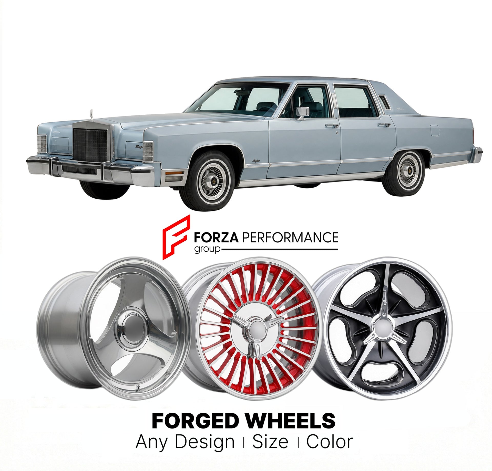 CUSTOM CLASSIC VINTAGE RESTOMOD RETRO OLD SCHOOL FORGED WHEELS RIMS for LINCOLN CONTINENTAL 1982 - 1987
Custom forged wheels for classic American muscle cars. Ideal for restomod builds, vintage restorations, and show cars. Deep dish and retro styling available.

We manufacture premium quality forged wheels rims for Lincoln Continental 1982 - 1987 in any design, size, color.

THIS WHEEL DESIGN CAN BE CUSTOM-MADE FOR YOUR CAR IN ANY SIZE AND COLOR OPTIONS
Available in monoblock, 2-piece, 3-piece, duoblock, be