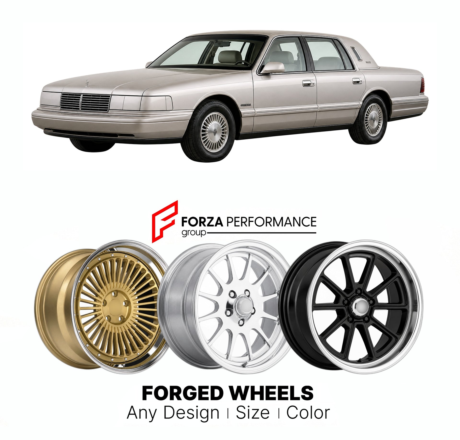 FORGED WHEELS RIMS for LINCOLN CONTINENTAL DIAMOND ANNIVERSARY 1990 - 2002

Custom forged wheels for Lincoln Continental Diamond Anniversary 1990 - 2002. Made-to-order monoblock, 2-piece and 3-piece rims in custom sizes, offsets, colors and finishes with guaranteed fitment.

We manufacture premium quality forged wheels rims for Lincoln Continental Diamond Anniversary 1990 - 2002 in any design, size, color.

THIS WHEEL DESIGN CAN BE CUSTOM-MADE FOR YOUR CAR IN ANY SIZE AND COLOR OPTIONS
Available in monobloc