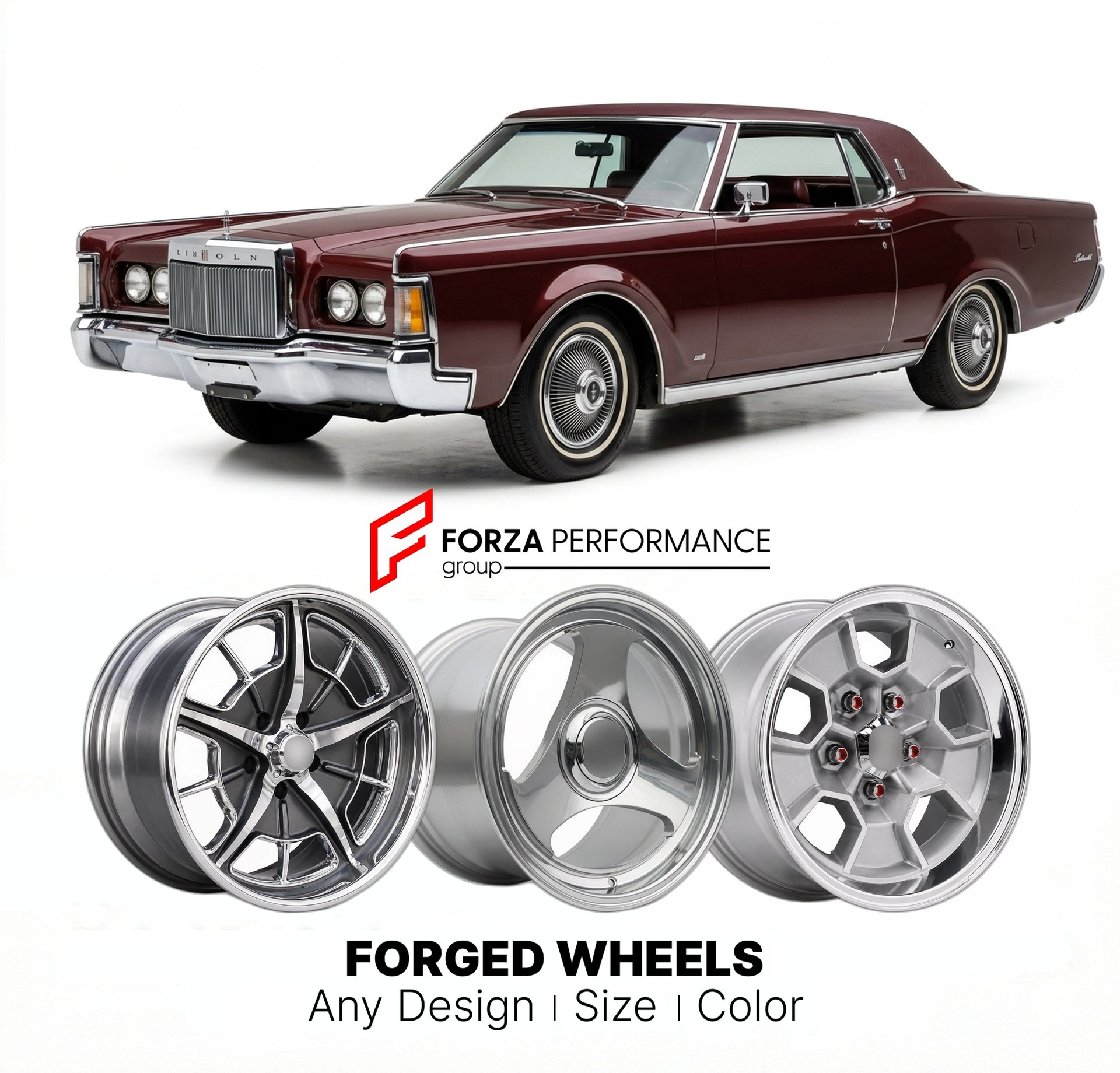 CUSTOM CLASSIC VINTAGE RESTOMOD RETRO OLD SCHOOL FORGED WHEELS RIMS for LINCOLN CONTINENTAL MARK III 1969 - 1971
Custom forged wheels for classic American muscle cars. Ideal for restomod builds, vintage restorations, and show cars. Deep dish and retro styling available.

We manufacture premium quality forged wheels rims for Lincoln Continental Mark III 1969 - 1971 in any design, size, color.

THIS WHEEL DESIGN CAN BE CUSTOM-MADE FOR YOUR CAR IN ANY SIZE AND COLOR OPTIONS
Available in monoblock, 2-piece, 3-p
