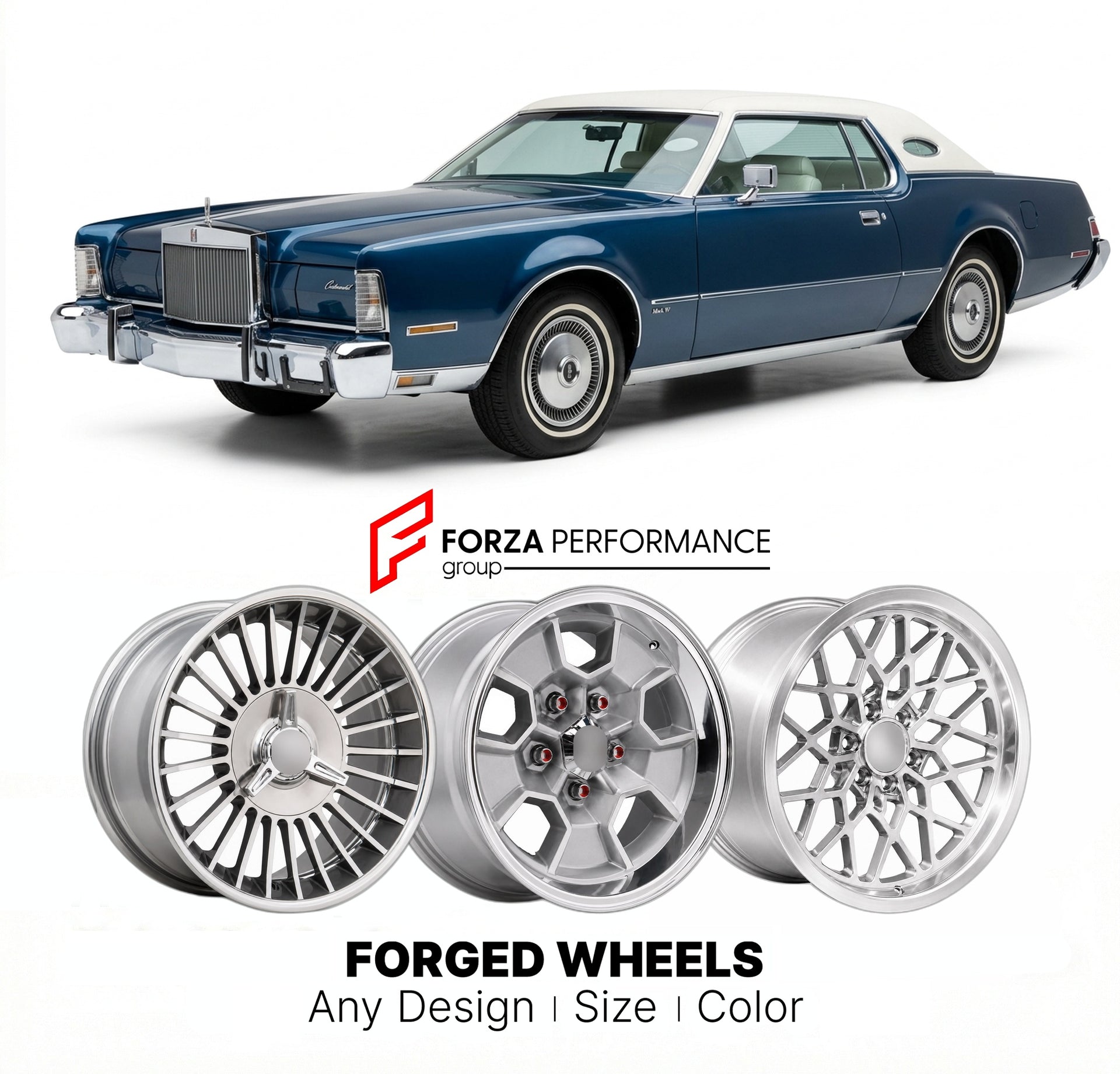 CUSTOM CLASSIC VINTAGE RESTOMOD RETRO OLD SCHOOL FORGED WHEELS RIMS for LINCOLN CONTINENTAL MARK IV 1972 - 1976
Custom forged wheels for classic American muscle cars. Ideal for restomod builds, vintage restorations, and show cars. Deep dish and retro styling available.

We manufacture premium quality forged wheels rims for Lincoln Continental Mark IV 1972 - 1976 in any design, size, color.

THIS WHEEL DESIGN CAN BE CUSTOM-MADE FOR YOUR CAR IN ANY SIZE AND COLOR OPTIONS
Available in monoblock, 2-piece, 3-pie