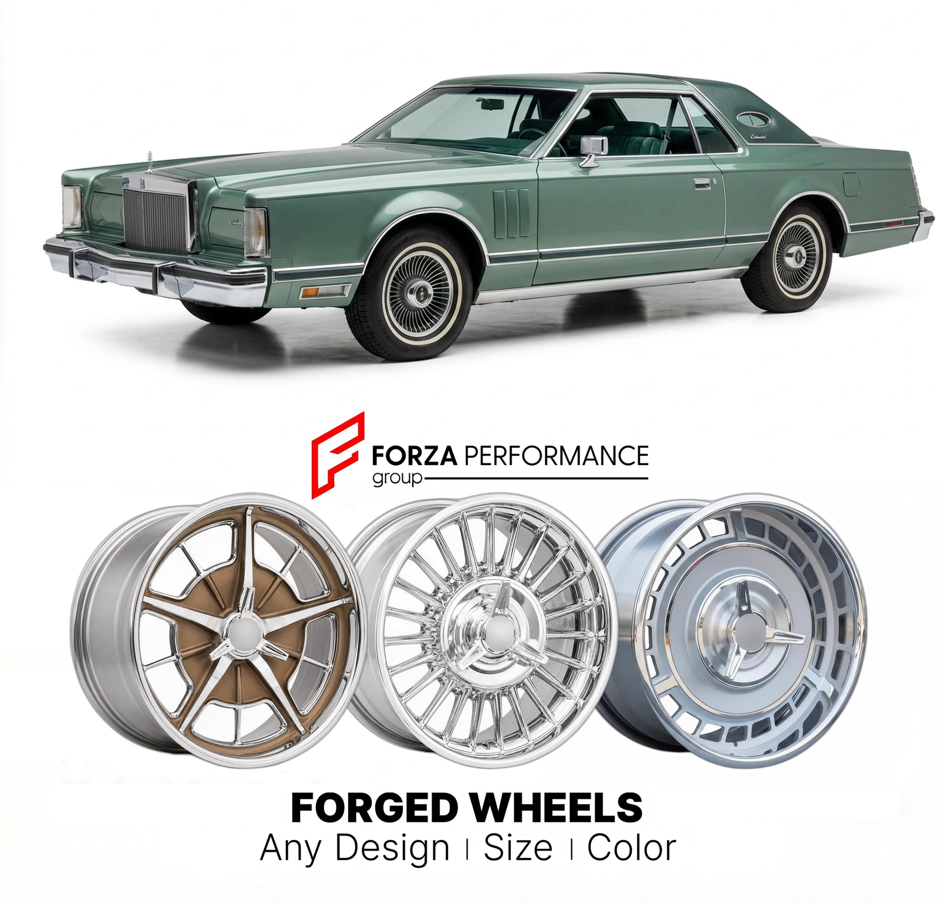 CUSTOM CLASSIC VINTAGE RESTOMOD RETRO OLD SCHOOL FORGED WHEELS RIMS for LINCOLN CONTINENTAL MARK V 1977 - 1979
Custom forged wheels for classic American muscle cars. Ideal for restomod builds, vintage restorations, and show cars. Deep dish and retro styling available.

We manufacture premium quality forged wheels rims for Lincoln Continental Mark V 1977 - 1979 in any design, size, color.

THIS WHEEL DESIGN CAN BE CUSTOM-MADE FOR YOUR CAR IN ANY SIZE AND COLOR OPTIONS
Available in monoblock, 2-piece, 3-piece