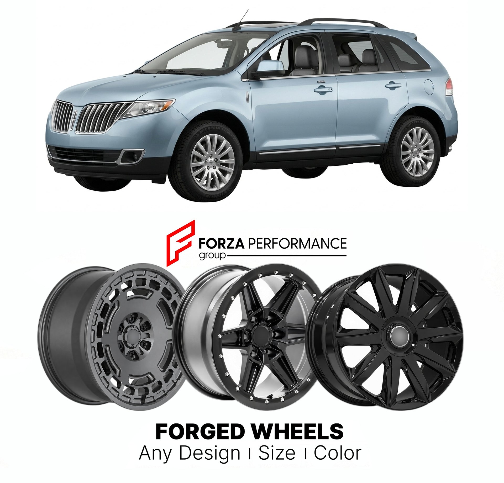 FORGED WHEELS RIMS for LINCOLN MKX 2007 - 2018

Custom forged wheels for Lincoln MKX 2007 - 2018. Made-to-order monoblock, 2-piece and 3-piece rims in custom sizes, offsets, colors and finishes with guaranteed fitment.

We manufacture premium quality forged wheels rims for Lincoln MKX 2007 - 2018 in any design, size, color.

THIS WHEEL DESIGN CAN BE CUSTOM-MADE FOR YOUR CAR IN ANY SIZE AND COLOR OPTIONS
Available in monoblock, 2-piece, 3-piece, duoblock, beadlock
3D wheel renderings are provided according t