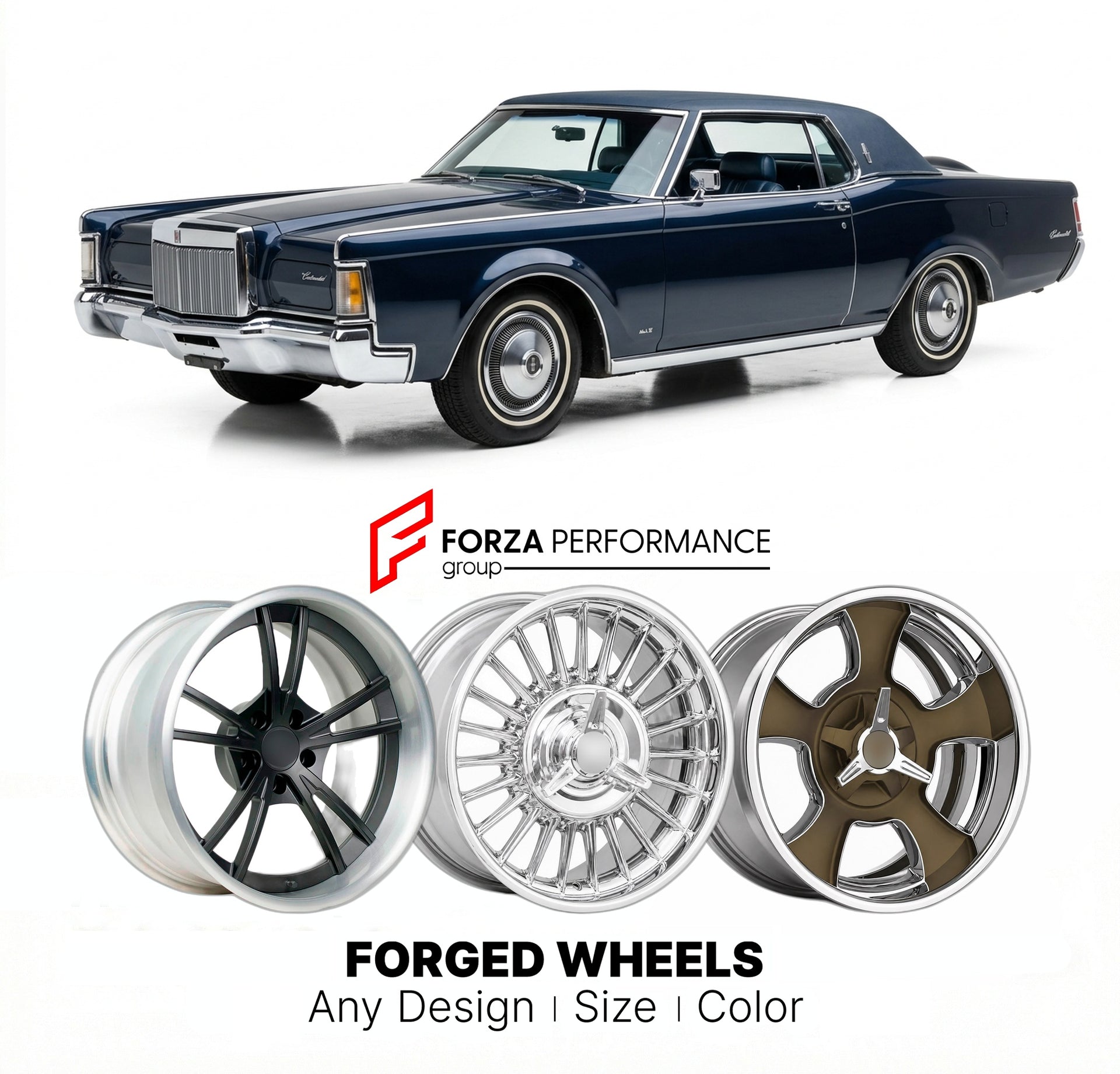 CUSTOM CLASSIC VINTAGE RESTOMOD RETRO OLD SCHOOL FORGED WHEELS RIMS for LINCOLN MARK III 1969 - 1971
Custom forged wheels for classic American muscle cars. Ideal for restomod builds, vintage restorations, and show cars. Deep dish and retro styling available.

We manufacture premium quality forged wheels rims for Lincoln Mark III 1969 - 1971 in any design, size, color.

THIS WHEEL DESIGN CAN BE CUSTOM-MADE FOR YOUR CAR IN ANY SIZE AND COLOR OPTIONS
Available in monoblock, 2-piece, 3-piece, duoblock, beadlock