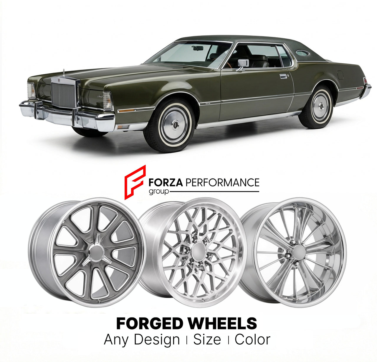 CUSTOM CLASSIC VINTAGE RESTOMOD RETRO OLD SCHOOL FORGED WHEELS RIMS for LINCOLN MARK IV 1972 - 1976
Custom forged wheels for classic American muscle cars. Ideal for restomod builds, vintage restorations, and show cars. Deep dish and retro styling available.

We manufacture premium quality forged wheels rims for Lincoln Mark IV 1972 - 1976 in any design, size, color.

THIS WHEEL DESIGN CAN BE CUSTOM-MADE FOR YOUR CAR IN ANY SIZE AND COLOR OPTIONS
Available in monoblock, 2-piece, 3-piece, duoblock, beadlock
3