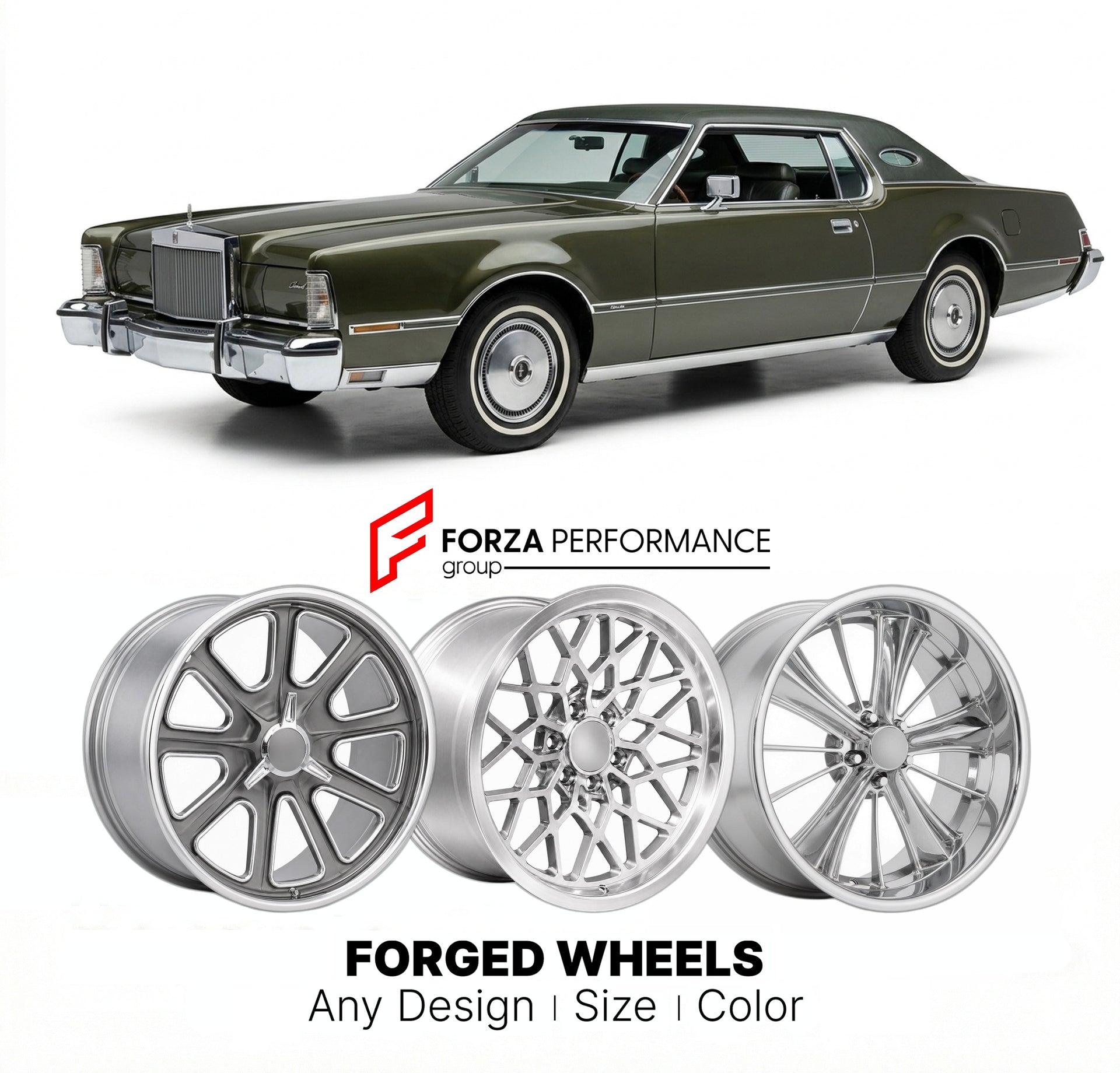 CUSTOM CLASSIC VINTAGE RESTOMOD RETRO OLD SCHOOL FORGED WHEELS RIMS for LINCOLN MARK IV 1972 - 1976
Custom forged wheels for classic American muscle cars. Ideal for restomod builds, vintage restorations, and show cars. Deep dish and retro styling available.

We manufacture premium quality forged wheels rims for Lincoln Mark IV 1972 - 1976 in any design, size, color.

THIS WHEEL DESIGN CAN BE CUSTOM-MADE FOR YOUR CAR IN ANY SIZE AND COLOR OPTIONS
Available in monoblock, 2-piece, 3-piece, duoblock, beadlock
3
