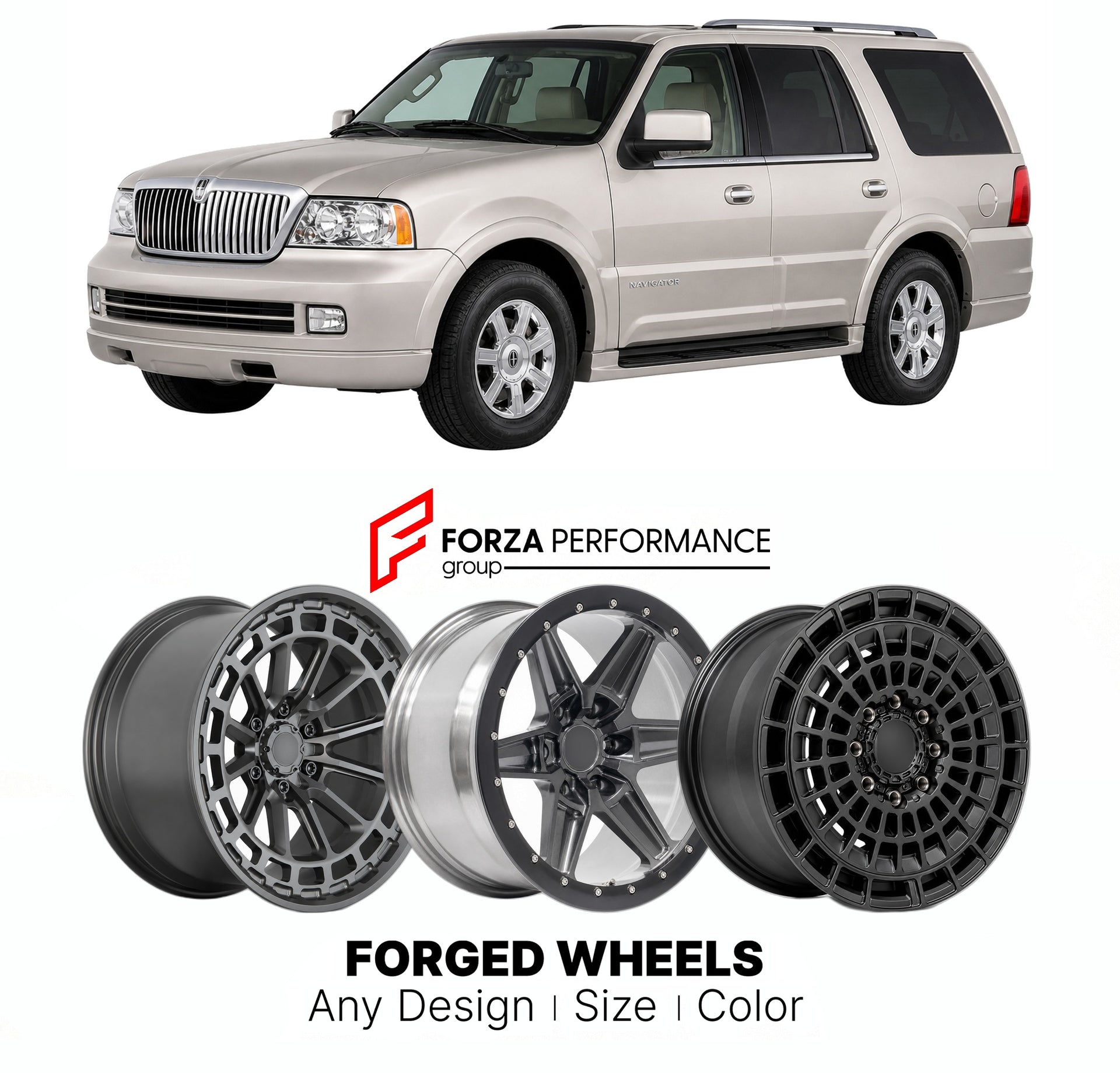 FORGED WHEELS RIMS for LINCOLN NAVIGATOR 2003 - 2006

Custom forged wheels for Lincoln Navigator 2003 - 2006. Made-to-order monoblock, 2-piece and 3-piece rims in custom sizes, offsets, colors and finishes with guaranteed fitment.

We manufacture premium quality forged wheels rims for Lincoln Navigator 2003 - 2006 in any design, size, color.

THIS WHEEL DESIGN CAN BE CUSTOM-MADE FOR YOUR CAR IN ANY SIZE AND COLOR OPTIONS
Available in monoblock, 2-piece, 3-piece, duoblock, beadlock
3D wheel renderings are pr
