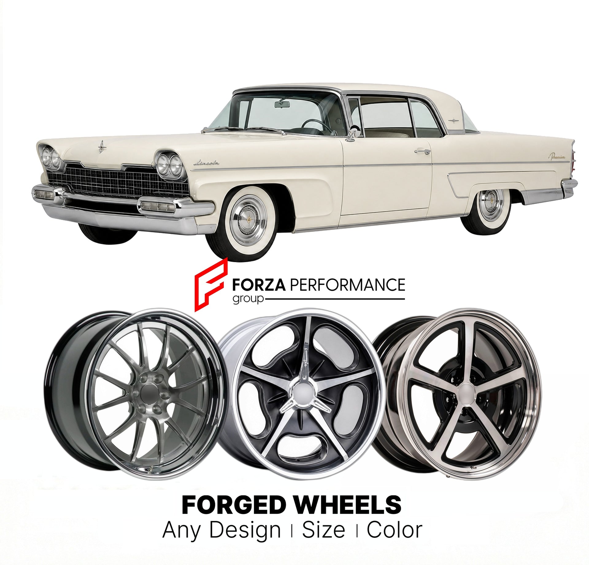 CUSTOM CLASSIC VINTAGE RESTOMOD RETRO OLD SCHOOL FORGED WHEELS RIMS for LINCOLN PREMIER 1958 - 1960
Custom forged wheels for classic American muscle cars. Ideal for restomod builds, vintage restorations, and show cars. Deep dish and retro styling available.

We manufacture premium quality forged wheels rims for Lincoln Premier 1958 - 1960 in any design, size, color.

THIS WHEEL DESIGN CAN BE CUSTOM-MADE FOR YOUR CAR IN ANY SIZE AND COLOR OPTIONS
Available in monoblock, 2-piece, 3-piece, duoblock, beadlock
3