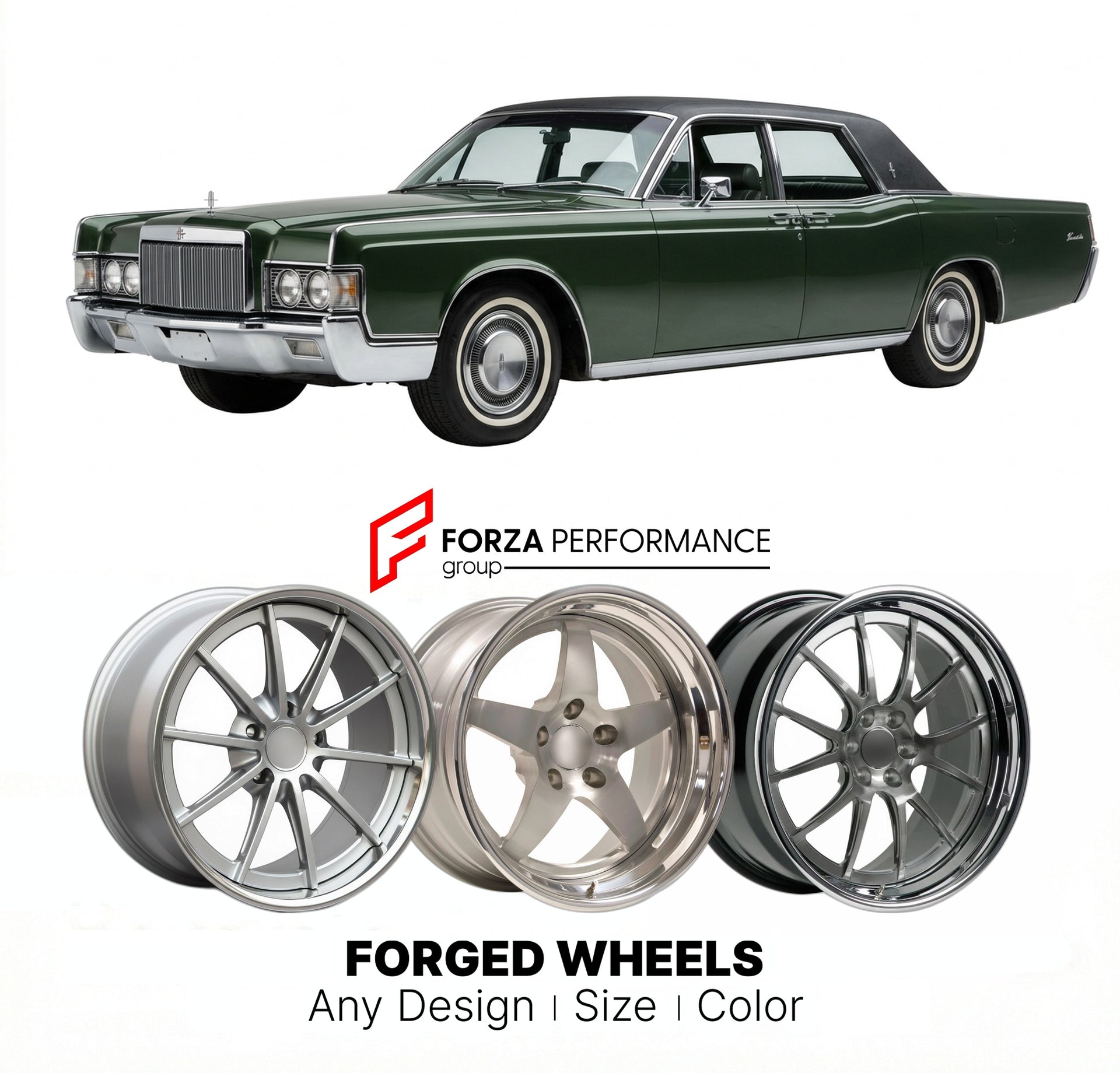 CUSTOM CLASSIC VINTAGE RESTOMOD RETRO OLD SCHOOL FORGED WHEELS RIMS for LINCOLN TOWN CAR 1981 - 1989
Custom forged wheels for classic American muscle cars. Ideal for restomod builds, vintage restorations, and show cars. Deep dish and retro styling available.

We manufacture premium quality forged wheels rims for Lincoln Town Car 1981 - 1989 in any design, size, color.

THIS WHEEL DESIGN CAN BE CUSTOM-MADE FOR YOUR CAR IN ANY SIZE AND COLOR OPTIONS
Available in monoblock, 2-piece, 3-piece, duoblock, beadlock