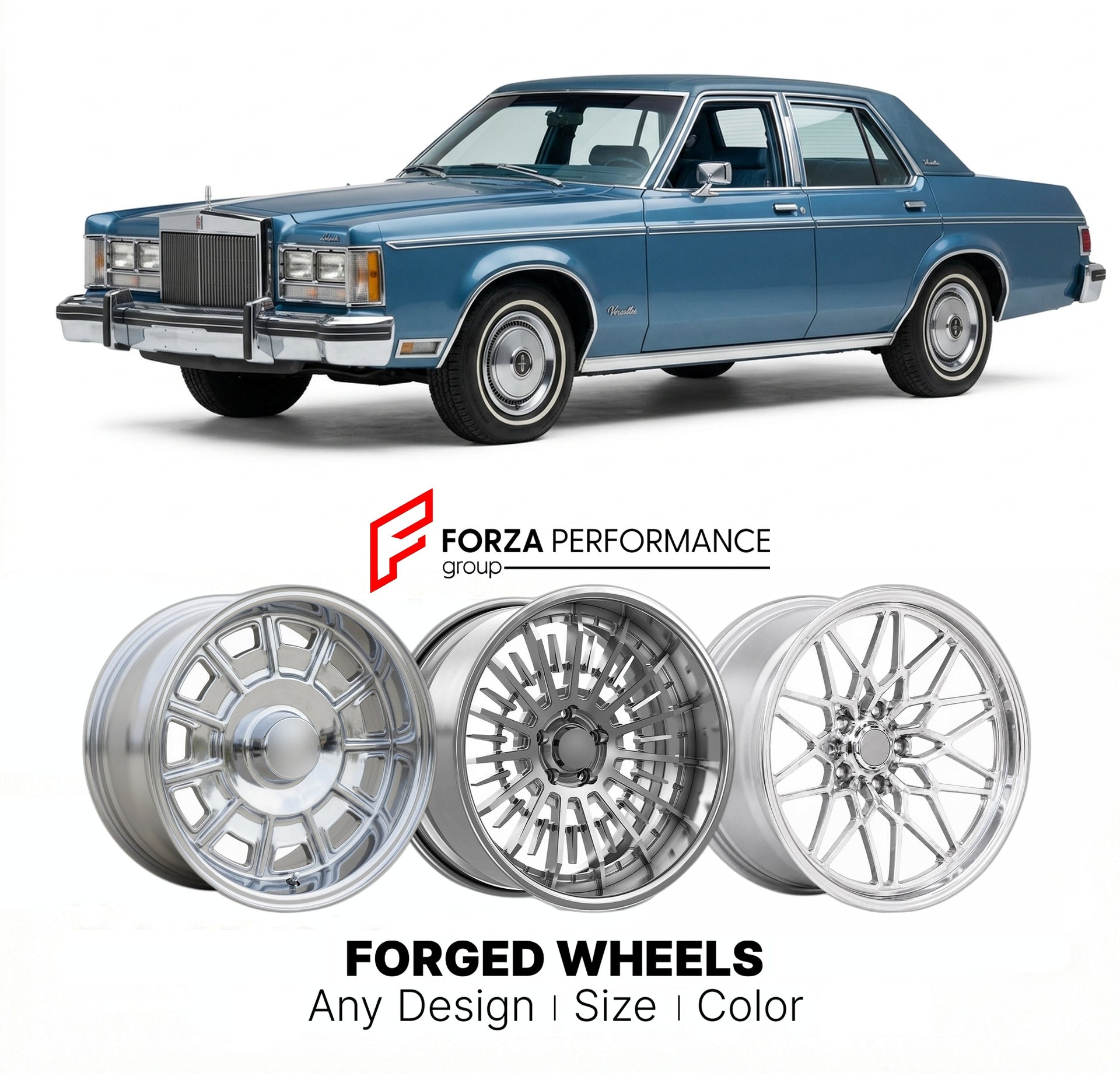 CUSTOM CLASSIC VINTAGE RESTOMOD RETRO OLD SCHOOL FORGED WHEELS RIMS for LINCOLN VERSAILLES 1977 - 1980
Custom forged wheels for classic American muscle cars. Ideal for restomod builds, vintage restorations, and show cars. Deep dish and retro styling available.

We manufacture premium quality forged wheels rims for Lincoln Versailles 1977 - 1980 in any design, size, color.

THIS WHEEL DESIGN CAN BE CUSTOM-MADE FOR YOUR CAR IN ANY SIZE AND COLOR OPTIONS
Available in monoblock, 2-piece, 3-piece, duoblock, bead