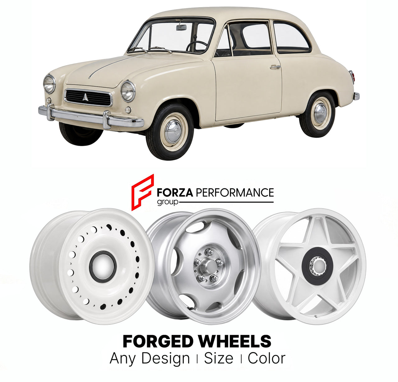 CUSTOM CLASSIC VINTAGE RESTOMOD RETRO OLD SCHOOL FORGED WHEELS RIMS for LLOYD LP 400 LP 600 SMALL 1953 - 1961

Custom forged wheels for Lloyd LP 400 LP 600 Small 1953 - 1961. Classic, vintage, restomod wheel designs made to order in custom sizes, offsets, colors and finishes.

We manufacture premium quality forged wheels rims for Lloyd LP 400 LP 600 Small 1953 - 1961 in any design, size, color.

THIS WHEEL DESIGN CAN BE CUSTOM-MADE FOR YOUR CAR IN ANY SIZE AND COLOR OPTIONS
Available in monoblock, 2-piece, 