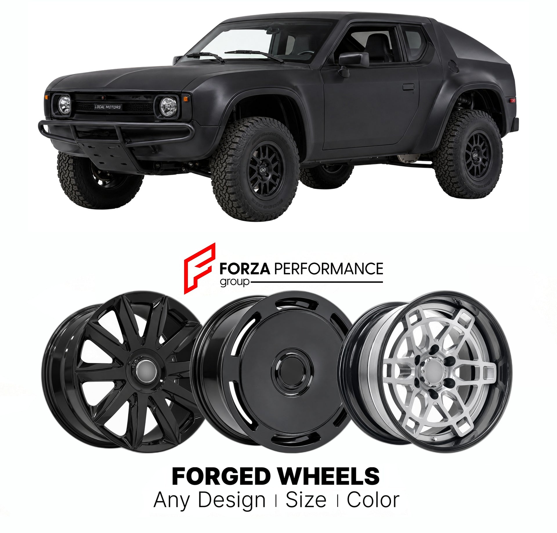 FORGED WHEELS RIMS for LOCAL MOTORS RALLY FIGHTER 2010 - 2016

Custom forged wheels for Local Motors Rally Fighter 2010 - 2016. Made-to-order monoblock, 2-piece and 3-piece rims in custom sizes, offsets, colors and finishes with guaranteed fitment.

We manufacture premium quality forged wheels rims for Local Motors Rally Fighter 2010 - 2016 in any design, size, color.

THIS WHEEL DESIGN CAN BE CUSTOM-MADE FOR YOUR CAR IN ANY SIZE AND COLOR OPTIONS
Available in monoblock, 2-piece, 3-piece, duoblock, beadlock