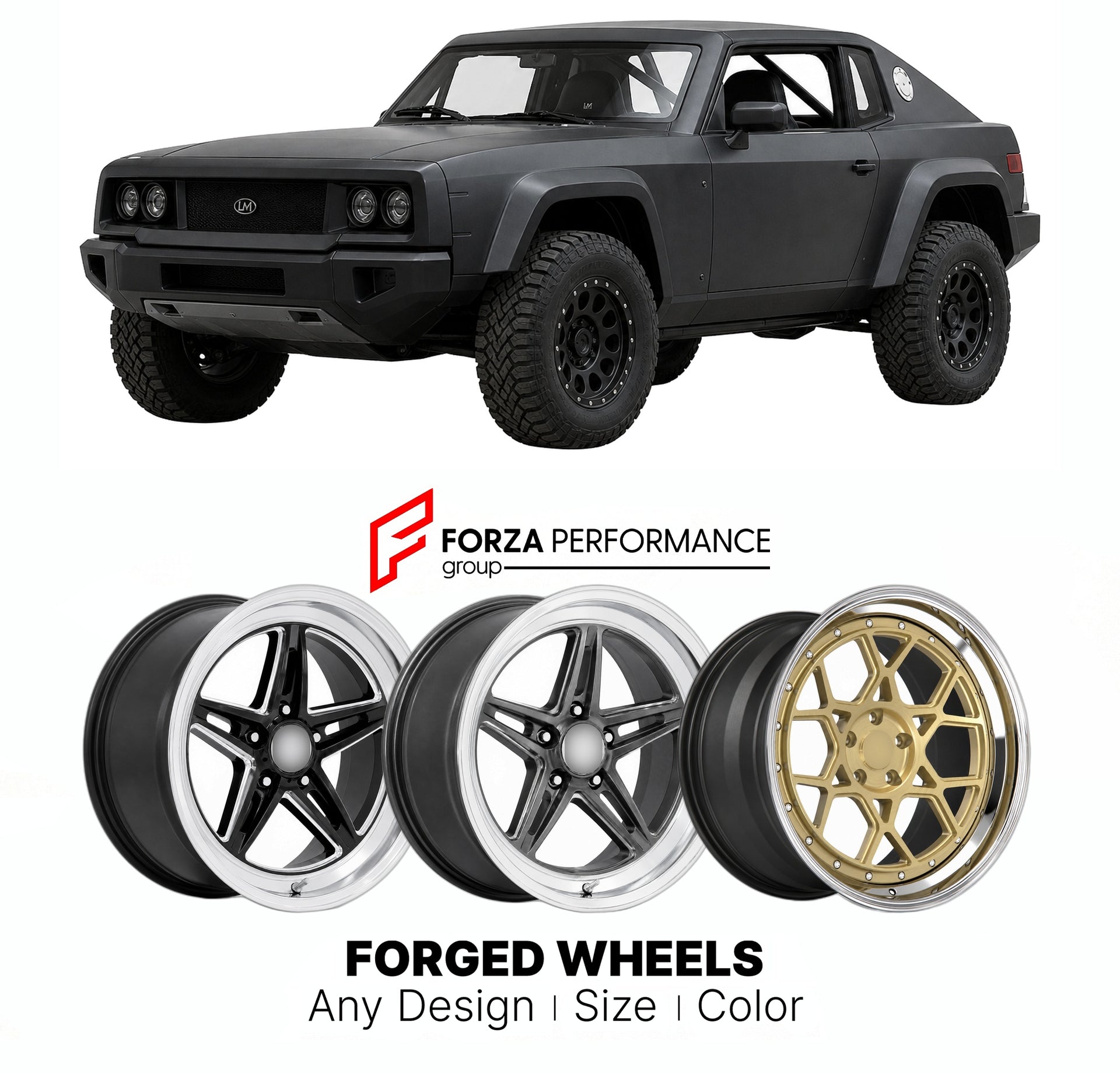 FORGED WHEELS RIMS for LOCAL MOTORS RALLY FIGHTER OFF-ROAD COUPE 2010 - 2016

Custom forged wheels for Local Motors Rally Fighter Off-Road Coupe 2010 - 2016. Made-to-order monoblock, 2-piece and 3-piece rims in custom sizes, offsets, colors and finishes with guaranteed fitment.

We manufacture premium quality forged wheels rims for Local Motors Rally Fighter Off-Road Coupe 2010 - 2016 in any design, size, color.

THIS WHEEL DESIGN CAN BE CUSTOM-MADE FOR YOUR CAR IN ANY SIZE AND COLOR OPTIONS
Available in mo