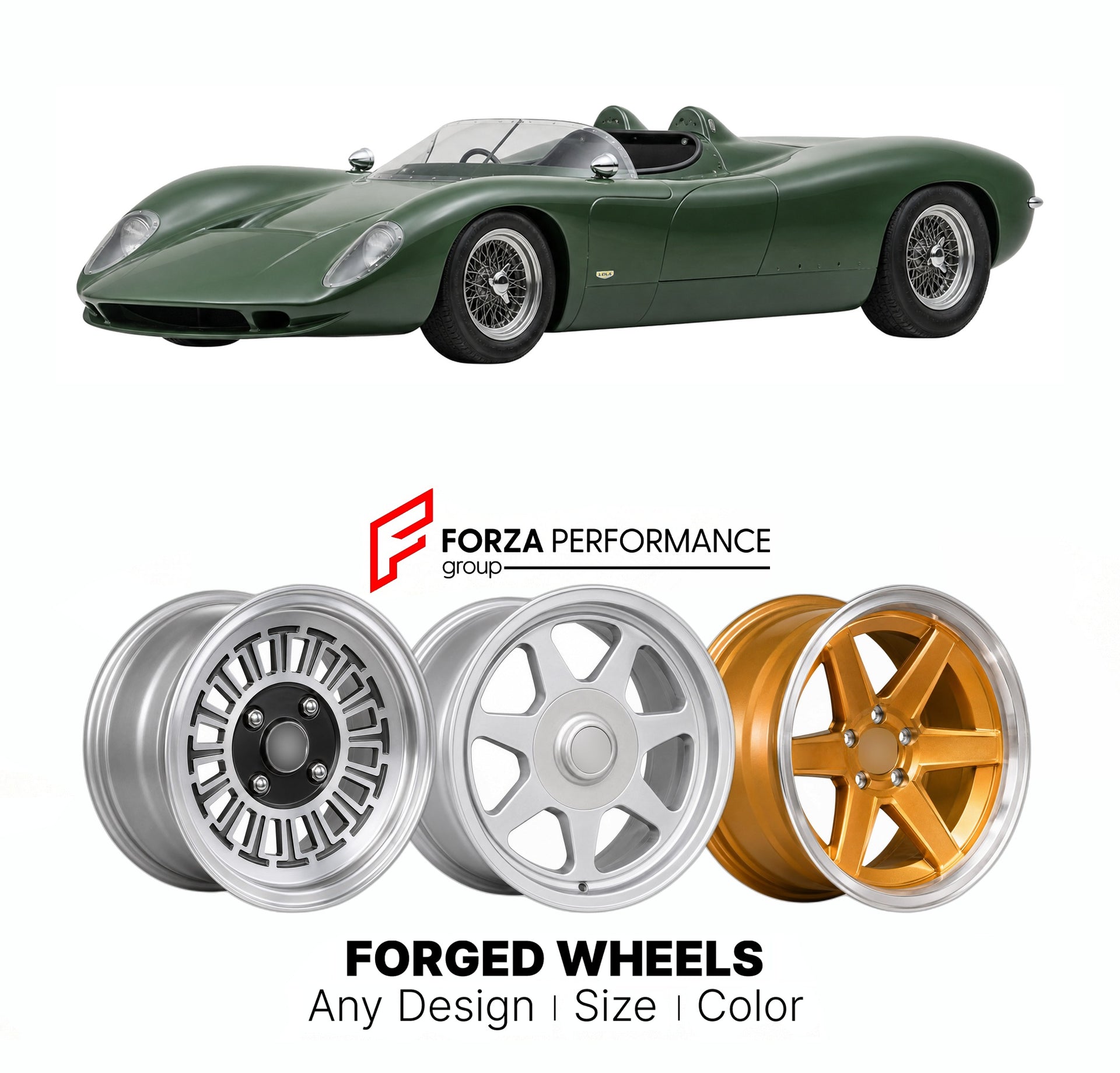 CUSTOM CLASSIC VINTAGE RESTOMOD RETRO OLD SCHOOL FORGED WHEELS RIMS for LOLA T110 GROUP 6 7 1967 - 1967

Custom forged wheels for Lola T110 Group 6 7 1967 - 1967. Classic, vintage, restomod wheel designs made to order in custom sizes, offsets, colors and finishes.

We manufacture premium quality forged wheels rims for Lola T110 Group 6 7 1967 - 1967 in any design, size, color.

THIS WHEEL DESIGN CAN BE CUSTOM-MADE FOR YOUR CAR IN ANY SIZE AND COLOR OPTIONS
Available in monoblock, 2-piece, 3-piece, duoblock,