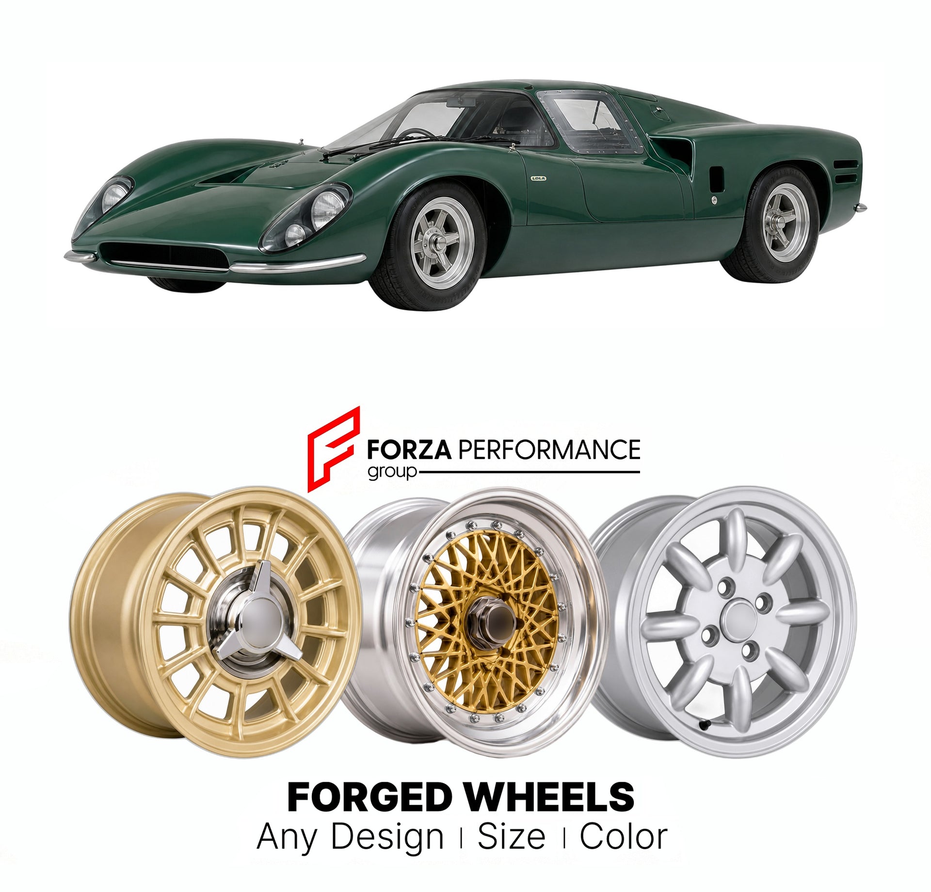 CUSTOM CLASSIC VINTAGE RESTOMOD RETRO OLD SCHOOL FORGED WHEELS RIMS for LOLA T70 MK III COUPE GT 1967 - 1968

Custom forged wheels for Lola T70 MK III Coupe GT 1967 - 1968. Classic, vintage, restomod wheel designs made to order in custom sizes, offsets, colors and finishes.

We manufacture premium quality forged wheels rims for Lola T70 MK III Coupe GT 1967 - 1968 in any design, size, color.

THIS WHEEL DESIGN CAN BE CUSTOM-MADE FOR YOUR CAR IN ANY SIZE AND COLOR OPTIONS
Available in monoblock, 2-piece, 3-p