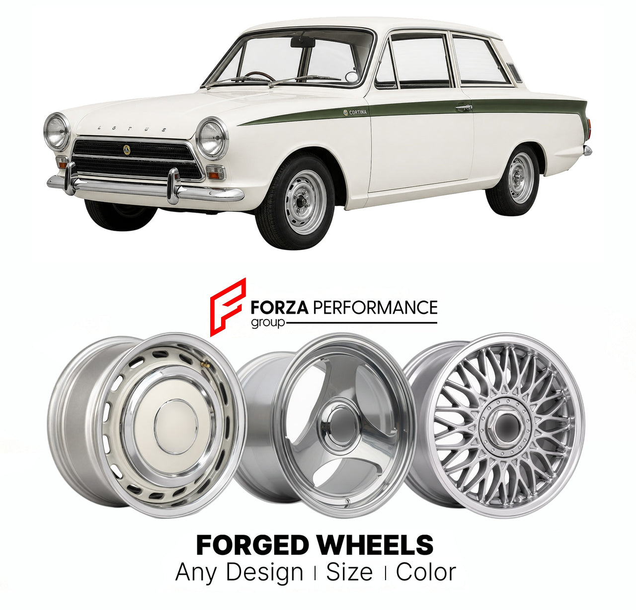 CUSTOM CLASSIC VINTAGE RESTOMOD RETRO OLD SCHOOL FORGED WHEELS RIMS for LOTUS CORTINA MK 1 1963 - 1966

Custom forged wheels for Lotus Cortina MK 1 1963 - 1966. Classic, vintage, restomod wheel designs made to order in custom sizes, offsets, colors and finishes.

We manufacture premium quality forged wheels rims for Lotus Cortina MK 1 1963 - 1966 in any design, size, color.

THIS WHEEL DESIGN CAN BE CUSTOM-MADE FOR YOUR CAR IN ANY SIZE AND COLOR OPTIONS
Available in monoblock, 2-piece, 3-piece, duoblock, be