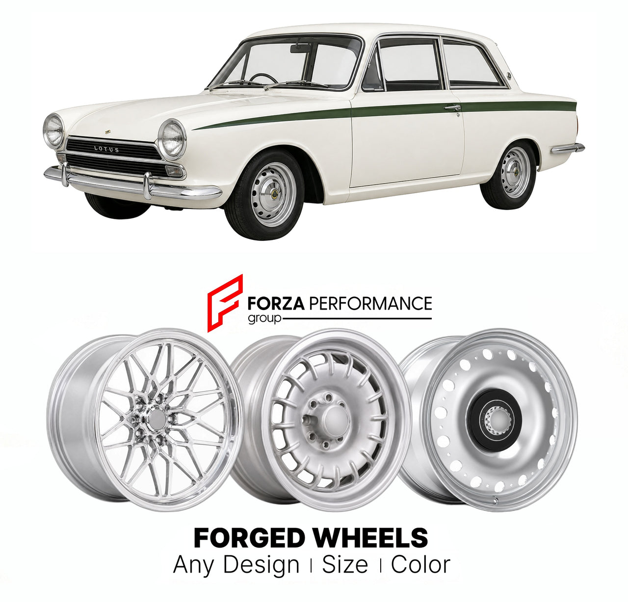 CUSTOM CLASSIC VINTAGE RESTOMOD RETRO OLD SCHOOL FORGED WHEELS RIMS for LOTUS CORTINA MK 2 1967 - 1970

Custom forged wheels for Lotus Cortina MK 2 1967 - 1970. Classic, vintage, restomod wheel designs made to order in custom sizes, offsets, colors and finishes.

We manufacture premium quality forged wheels rims for Lotus Cortina MK 2 1967 - 1970 in any design, size, color.

THIS WHEEL DESIGN CAN BE CUSTOM-MADE FOR YOUR CAR IN ANY SIZE AND COLOR OPTIONS
Available in monoblock, 2-piece, 3-piece, duoblock, be
