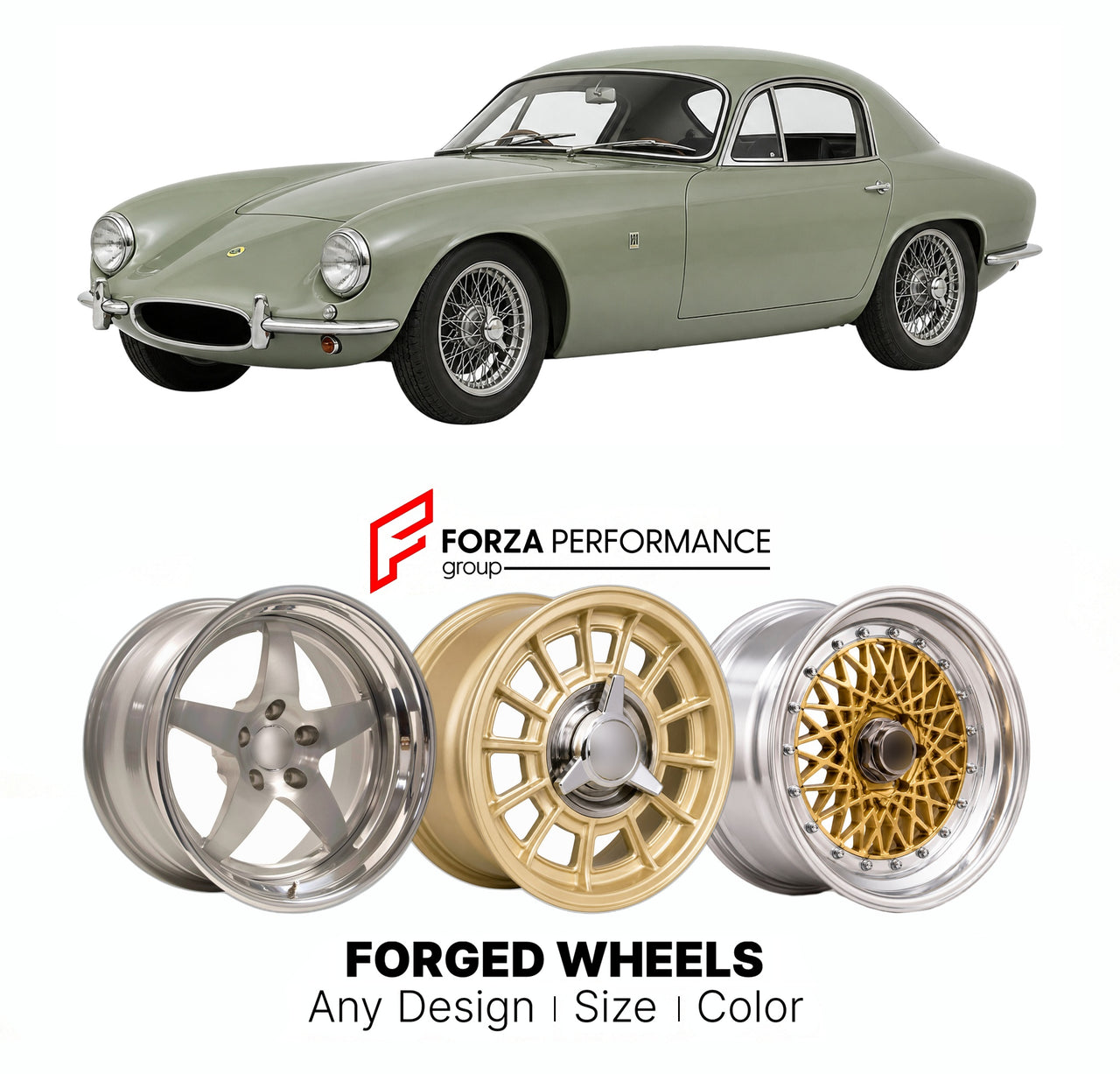 CUSTOM CLASSIC VINTAGE RESTOMOD RETRO OLD SCHOOL FORGED WHEELS RIMS for LOTUS ELITE TYPE 14 1957 - 1963

Custom forged wheels for Lotus Elite Type 14 1957 - 1963. Classic, vintage, restomod wheel designs made to order in custom sizes, offsets, colors and finishes.

We manufacture premium quality forged wheels rims for Lotus Elite Type 14 1957 - 1963 in any design, size, color.

THIS WHEEL DESIGN CAN BE CUSTOM-MADE FOR YOUR CAR IN ANY SIZE AND COLOR OPTIONS
Available in monoblock, 2-piece, 3-piece, duoblock,