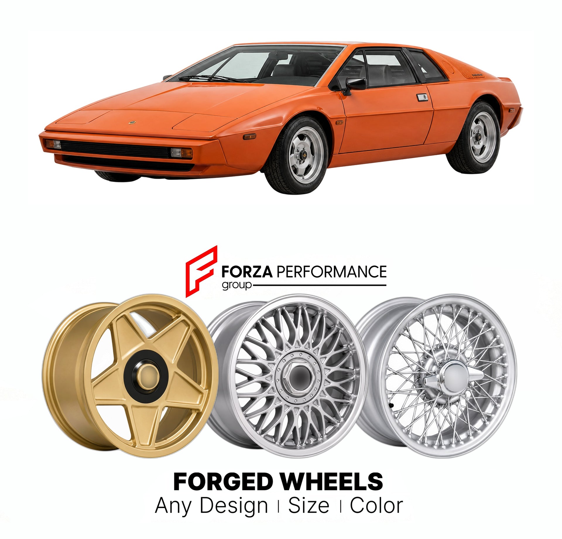 CUSTOM CLASSIC VINTAGE RESTOMOD RETRO OLD SCHOOL FORGED WHEELS RIMS for LOTUS ESPRIT SERIES 1-4 V8 1976 - 2004

Custom forged wheels for Lotus Esprit Series 1-4 V8 1976 - 2004. Classic, vintage, restomod wheel designs made to order in custom sizes, offsets, colors and finishes.

We manufacture premium quality forged wheels rims for Lotus Esprit Series 1-4 V8 1976 - 2004 in any design, size, color.

THIS WHEEL DESIGN CAN BE CUSTOM-MADE FOR YOUR CAR IN ANY SIZE AND COLOR OPTIONS
Available in monoblock, 2-piec