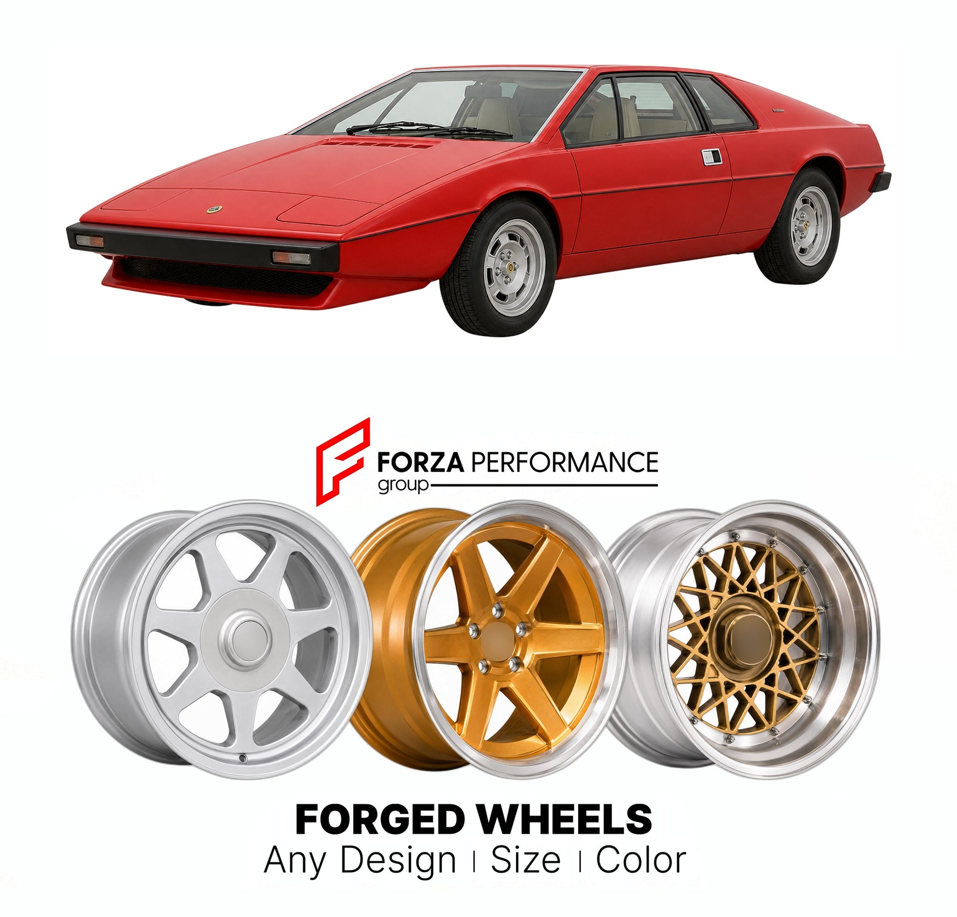 CUSTOM CLASSIC VINTAGE RESTOMOD RETRO OLD SCHOOL FORGED WHEELS RIMS for LOTUS ESPRIT SERIES 1 1976 - 1978

Custom forged wheels for Lotus Esprit Series 1 1976 - 1978. Classic, vintage, restomod wheel designs made to order in custom sizes, offsets, colors and finishes.

We manufacture premium quality forged wheels rims for Lotus Esprit Series 1 1976 - 1978 in any design, size, color.

THIS WHEEL DESIGN CAN BE CUSTOM-MADE FOR YOUR CAR IN ANY SIZE AND COLOR OPTIONS
Available in monoblock, 2-piece, 3-piece, duo