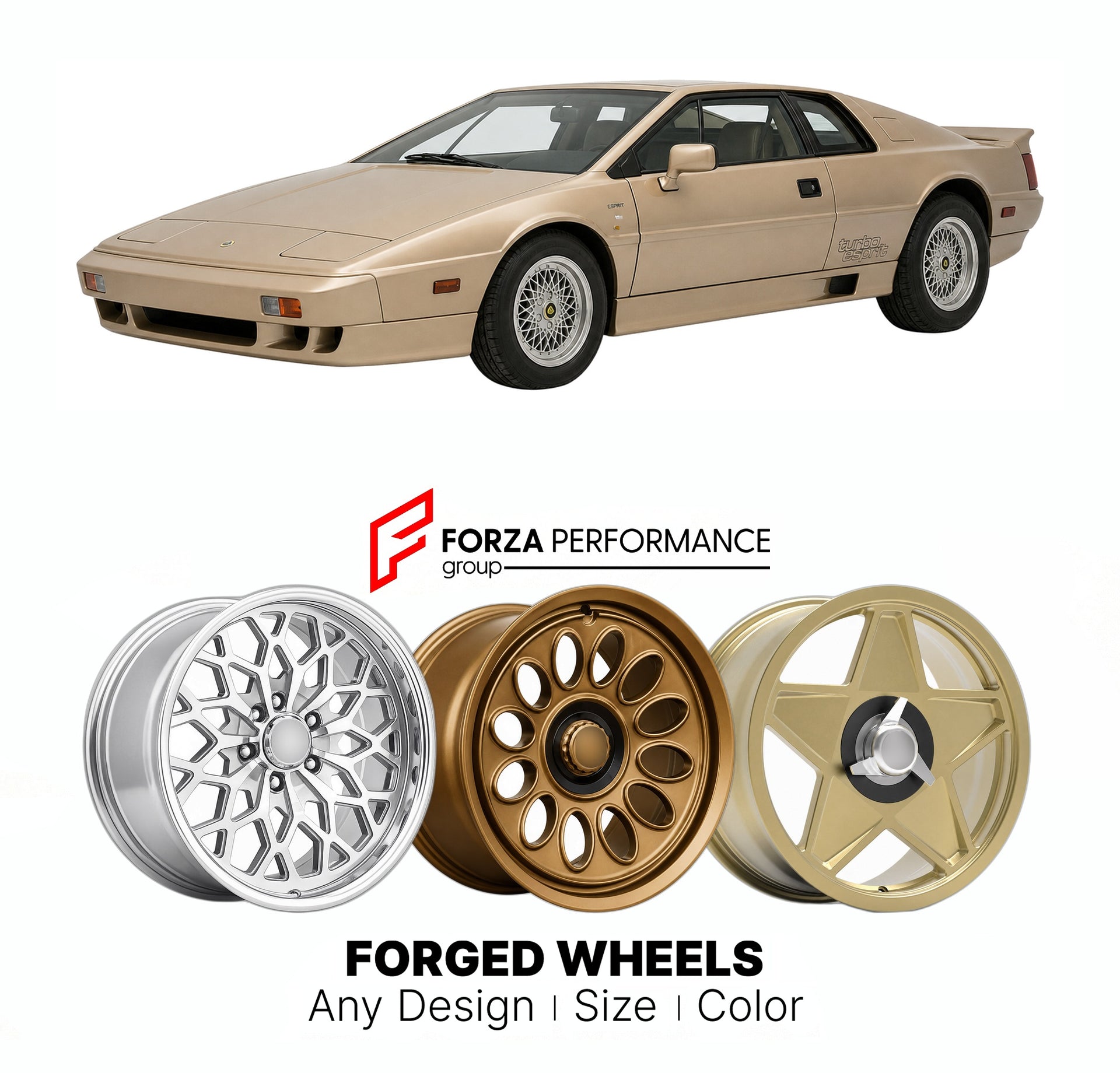 CUSTOM CLASSIC VINTAGE RESTOMOD RETRO OLD SCHOOL FORGED WHEELS RIMS for LOTUS ESPRIT STEVENS 1987 - 1993

Custom forged wheels for Lotus Esprit Stevens 1987 - 1993. Classic, vintage, restomod wheel designs made to order in custom sizes, offsets, colors and finishes.

We manufacture premium quality forged wheels rims for Lotus Esprit Stevens 1987 - 1993 in any design, size, color.

THIS WHEEL DESIGN CAN BE CUSTOM-MADE FOR YOUR CAR IN ANY SIZE AND COLOR OPTIONS
Available in monoblock, 2-piece, 3-piece, duoblo