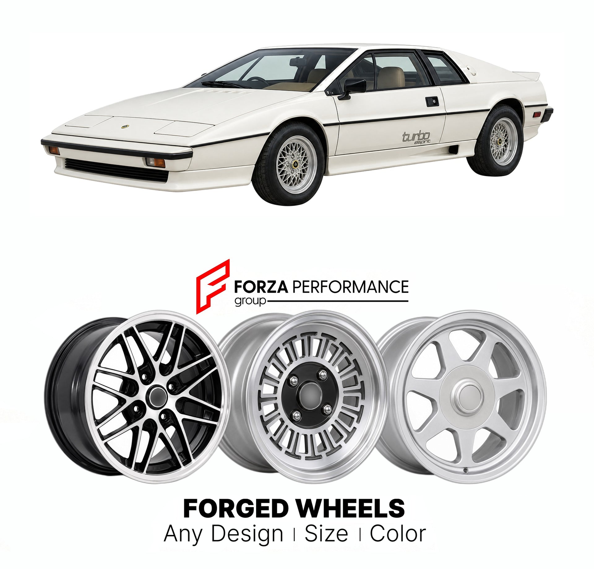 CUSTOM CLASSIC VINTAGE RESTOMOD RETRO OLD SCHOOL FORGED WHEELS RIMS for LOTUS ESPRIT TURBO 1980 - 1987

Custom forged wheels for Lotus Esprit Turbo 1980 - 1987. Classic, vintage, restomod wheel designs made to order in custom sizes, offsets, colors and finishes.

We manufacture premium quality forged wheels rims for Lotus Esprit Turbo 1980 - 1987 in any design, size, color.

THIS WHEEL DESIGN CAN BE CUSTOM-MADE FOR YOUR CAR IN ANY SIZE AND COLOR OPTIONS
Available in monoblock, 2-piece, 3-piece, duoblock, be
