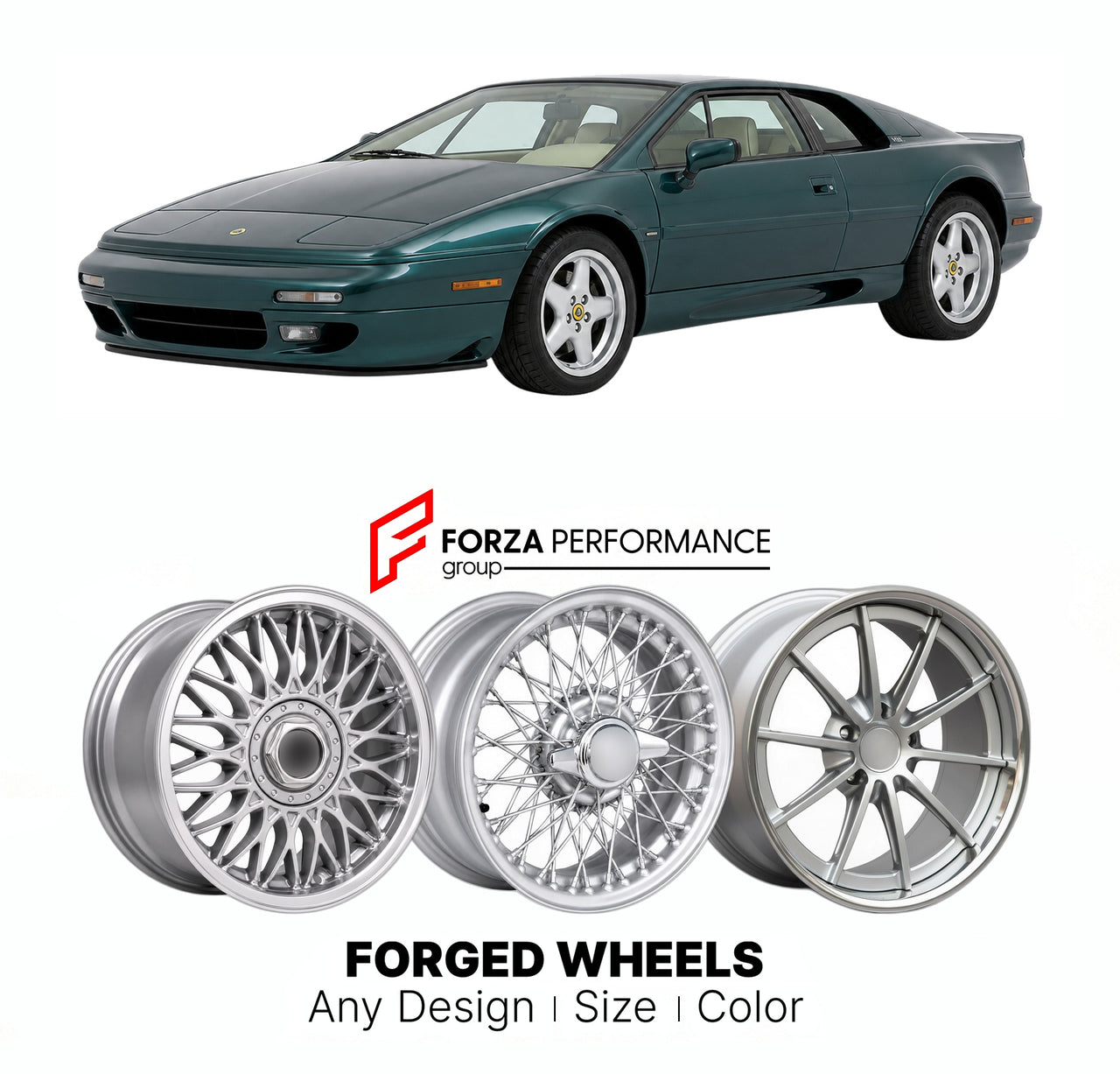 CUSTOM CLASSIC VINTAGE RESTOMOD RETRO OLD SCHOOL FORGED WHEELS RIMS for LOTUS ESPRIT V8 GT TYPE 115 1996 - 2004

Custom forged wheels for Lotus Esprit V8 GT Type 115 1996 - 2004. Classic, vintage, restomod wheel designs made to order in custom sizes, offsets, colors and finishes.

We manufacture premium quality forged wheels rims for Lotus Esprit V8 GT Type 115 1996 - 2004 in any design, size, color.

THIS WHEEL DESIGN CAN BE CUSTOM-MADE FOR YOUR CAR IN ANY SIZE AND COLOR OPTIONS
Available in monoblock, 2-p