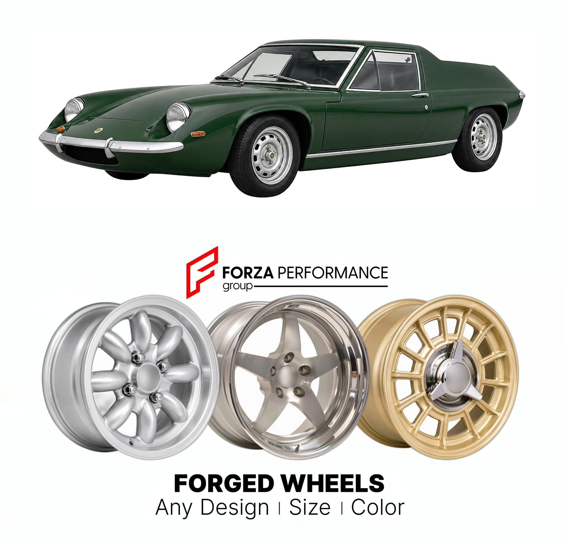 CUSTOM CLASSIC VINTAGE RESTOMOD RETRO OLD SCHOOL FORGED WHEELS RIMS for LOTUS EUROPA S1 S2 1966 - 1975

Custom forged wheels for Lotus Europa S1 S2 1966 - 1975. Classic, vintage, restomod wheel designs made to order in custom sizes, offsets, colors and finishes.

We manufacture premium quality forged wheels rims for Lotus Europa S1 S2 1966 - 1975 in any design, size, color.

THIS WHEEL DESIGN CAN BE CUSTOM-MADE FOR YOUR CAR IN ANY SIZE AND COLOR OPTIONS
Available in monoblock, 2-piece, 3-piece, duoblock, be