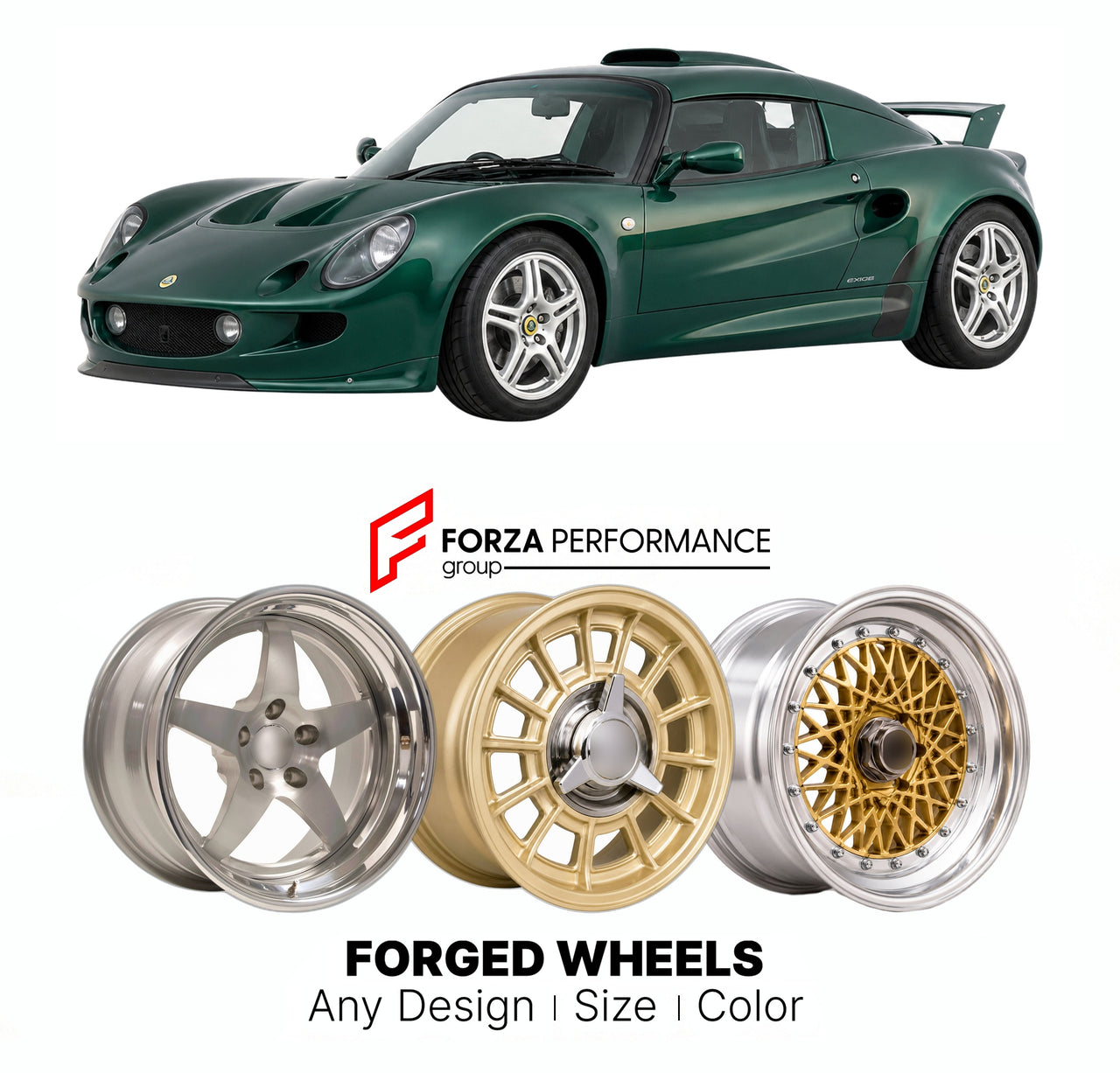 CUSTOM CLASSIC VINTAGE RESTOMOD RETRO OLD SCHOOL FORGED WHEELS RIMS for LOTUS EXIGE SERIES 1 TYPE 79 2000 - 2001

Custom forged wheels for Lotus Exige Series 1 Type 79 2000 - 2001. Classic, vintage, restomod wheel designs made to order in custom sizes, offsets, colors and finishes.

We manufacture premium quality forged wheels rims for Lotus Exige Series 1 Type 79 2000 - 2001 in any design, size, color.

THIS WHEEL DESIGN CAN BE CUSTOM-MADE FOR YOUR CAR IN ANY SIZE AND COLOR OPTIONS
Available in monoblock, 