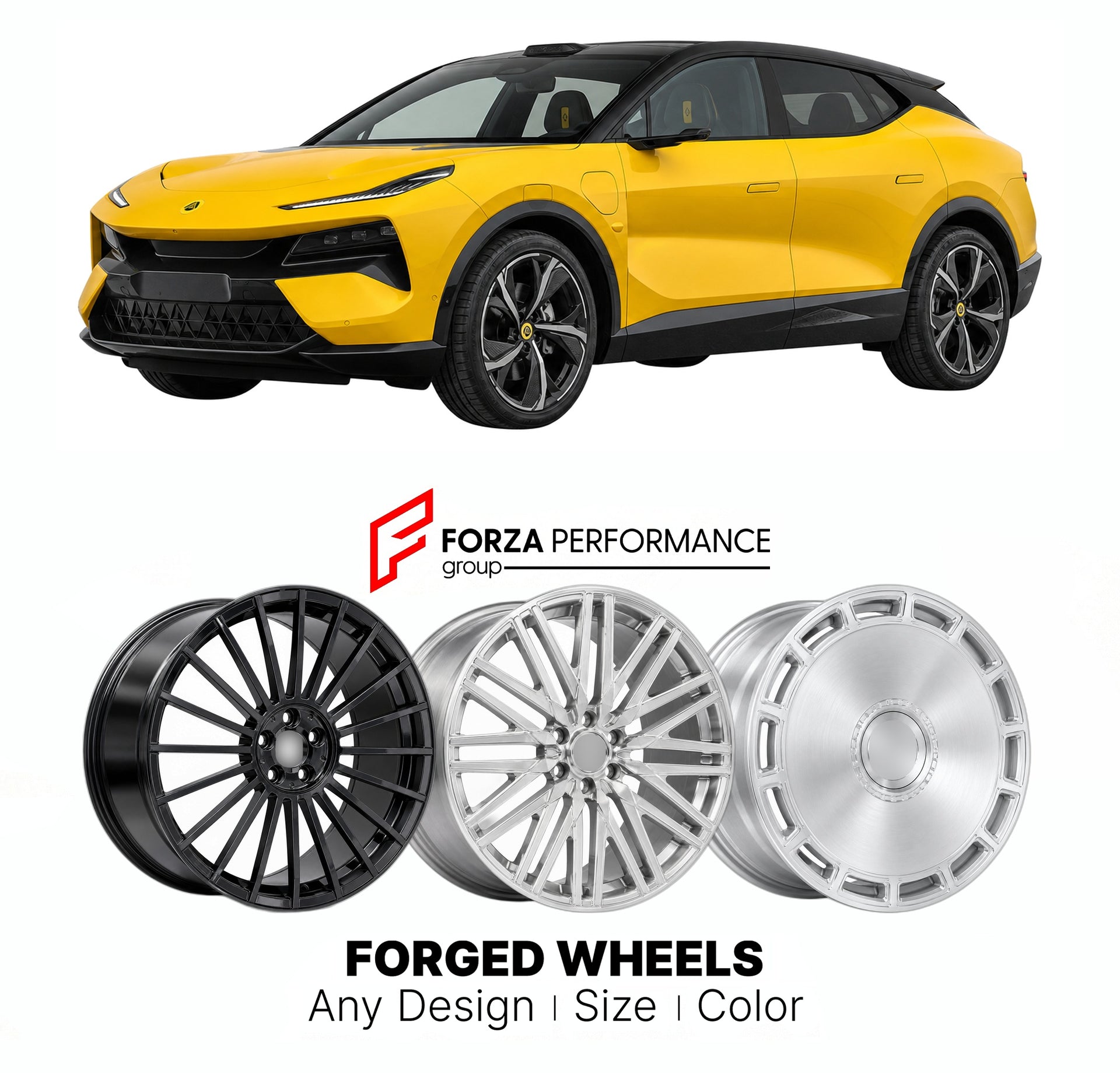 Custom forged wheels for Lotus Geely Eletre 2022+. Made-to-order monoblock, 2-piece and 3-piece wheels in custom sizes, offsets, colors and finishes with guaranteed vehicle fitment.

We manufacture premium quality forged wheels rims for Lotus Geely Eletre 2022+ in any design, size, color.

THIS WHEEL DESIGN CAN BE CUSTOM-MADE FOR YOUR CAR IN ANY SIZE AND COLOR OPTIONS
Available in monoblock, 2-piece, 3-piece, duoblock, beadlock
3D wheel renderings are provided according to the exact dimensions and specifica
