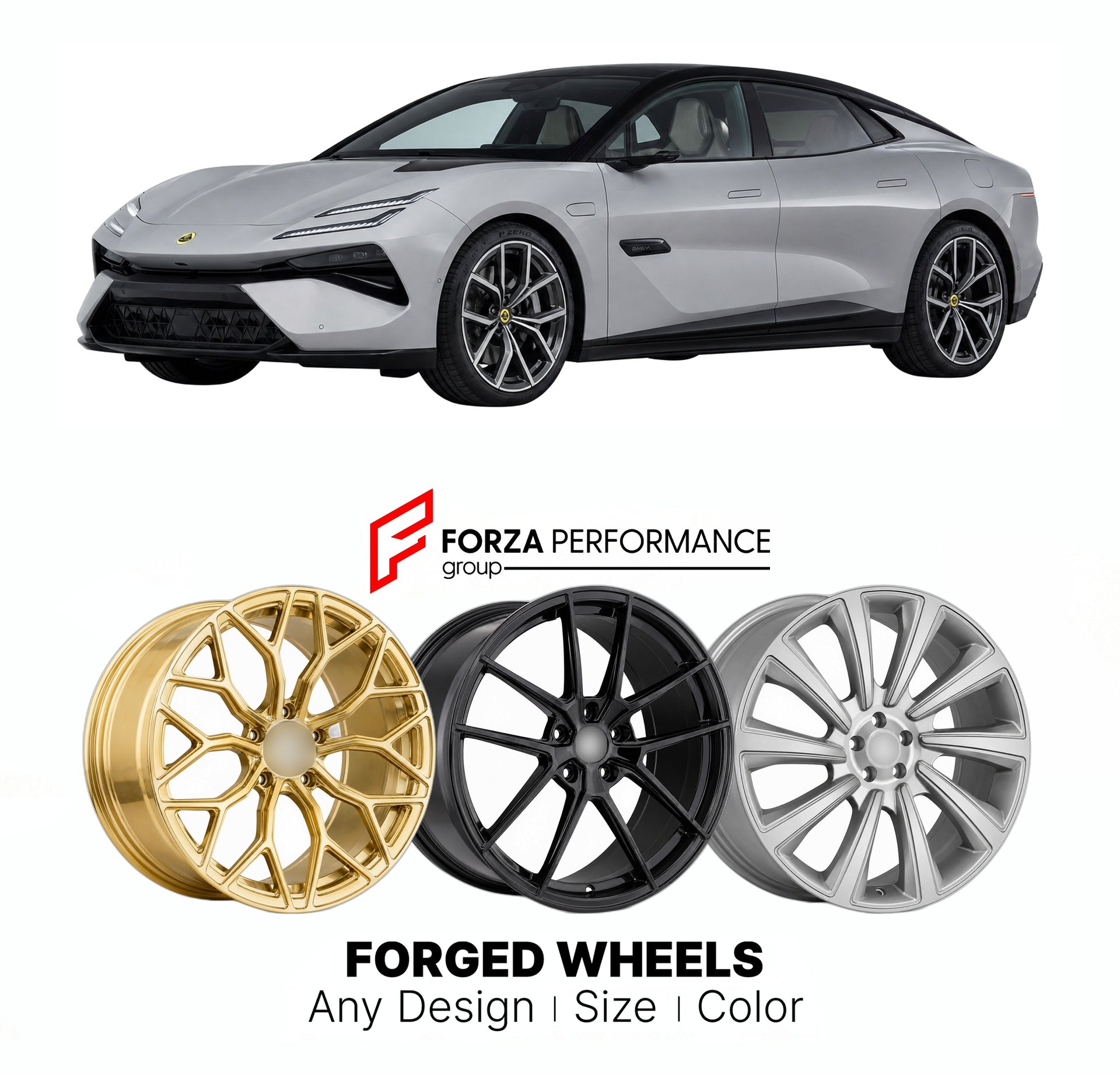 Custom forged wheels for Lotus Geely Emeya 2023+. Made-to-order monoblock, 2-piece and 3-piece wheels in custom sizes, offsets, colors and finishes with guaranteed vehicle fitment.

We manufacture premium quality forged wheels rims for Lotus Geely Emeya 2023+ in any design, size, color.

THIS WHEEL DESIGN CAN BE CUSTOM-MADE FOR YOUR CAR IN ANY SIZE AND COLOR OPTIONS
Available in monoblock, 2-piece, 3-piece, duoblock, beadlock
3D wheel renderings are provided according to the exact dimensions and specificati