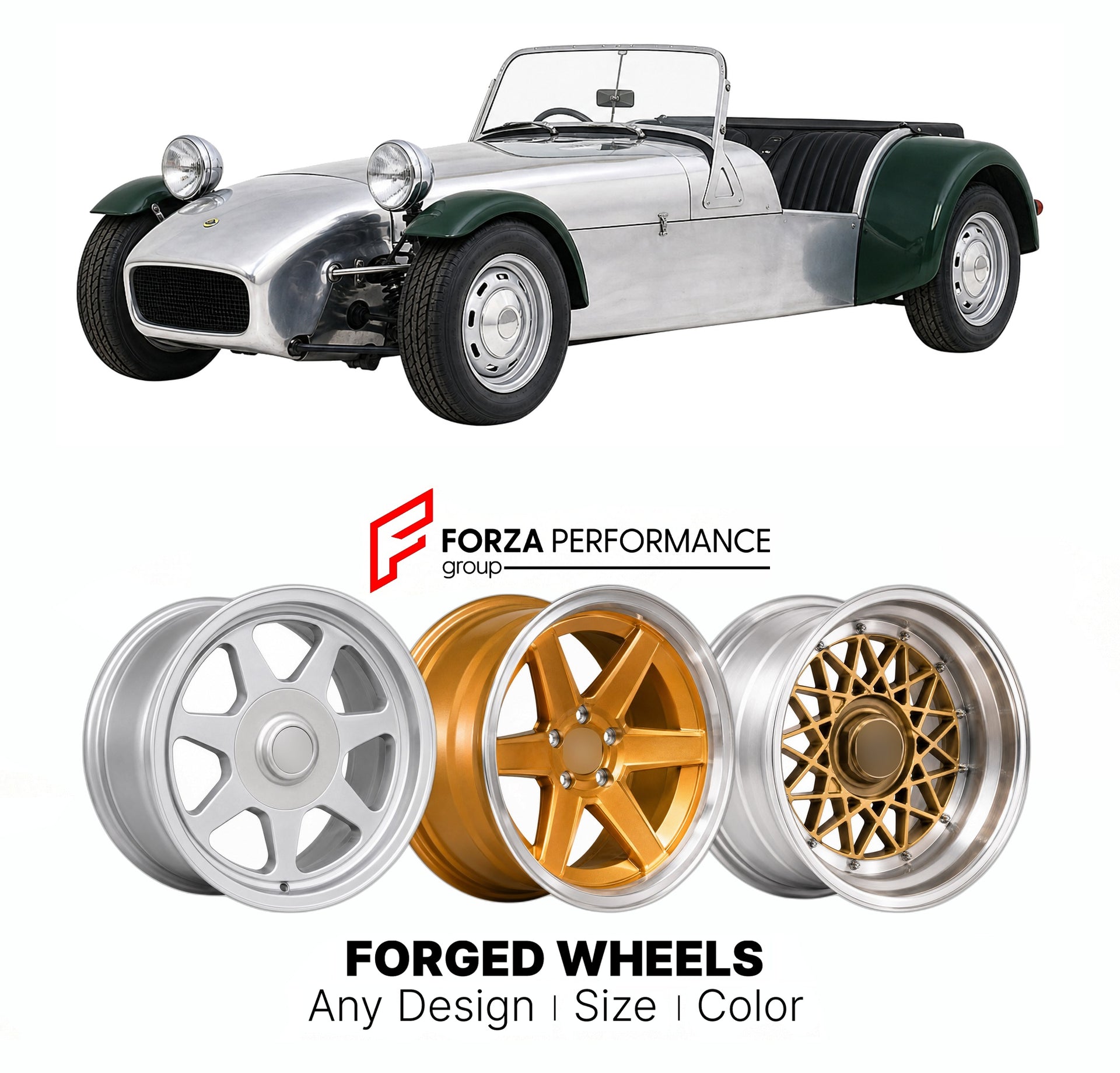 CUSTOM CLASSIC VINTAGE RESTOMOD RETRO OLD SCHOOL FORGED WHEELS RIMS for LOTUS SEVEN SERIES 3 1968 - 1970

Custom forged wheels for Lotus Seven Series 3 1968 - 1970. Classic, vintage, restomod wheel designs made to order in custom sizes, offsets, colors and finishes.

We manufacture premium quality forged wheels rims for Lotus Seven Series 3 1968 - 1970 in any design, size, color.

THIS WHEEL DESIGN CAN BE CUSTOM-MADE FOR YOUR CAR IN ANY SIZE AND COLOR OPTIONS
Available in monoblock, 2-piece, 3-piece, duoblo