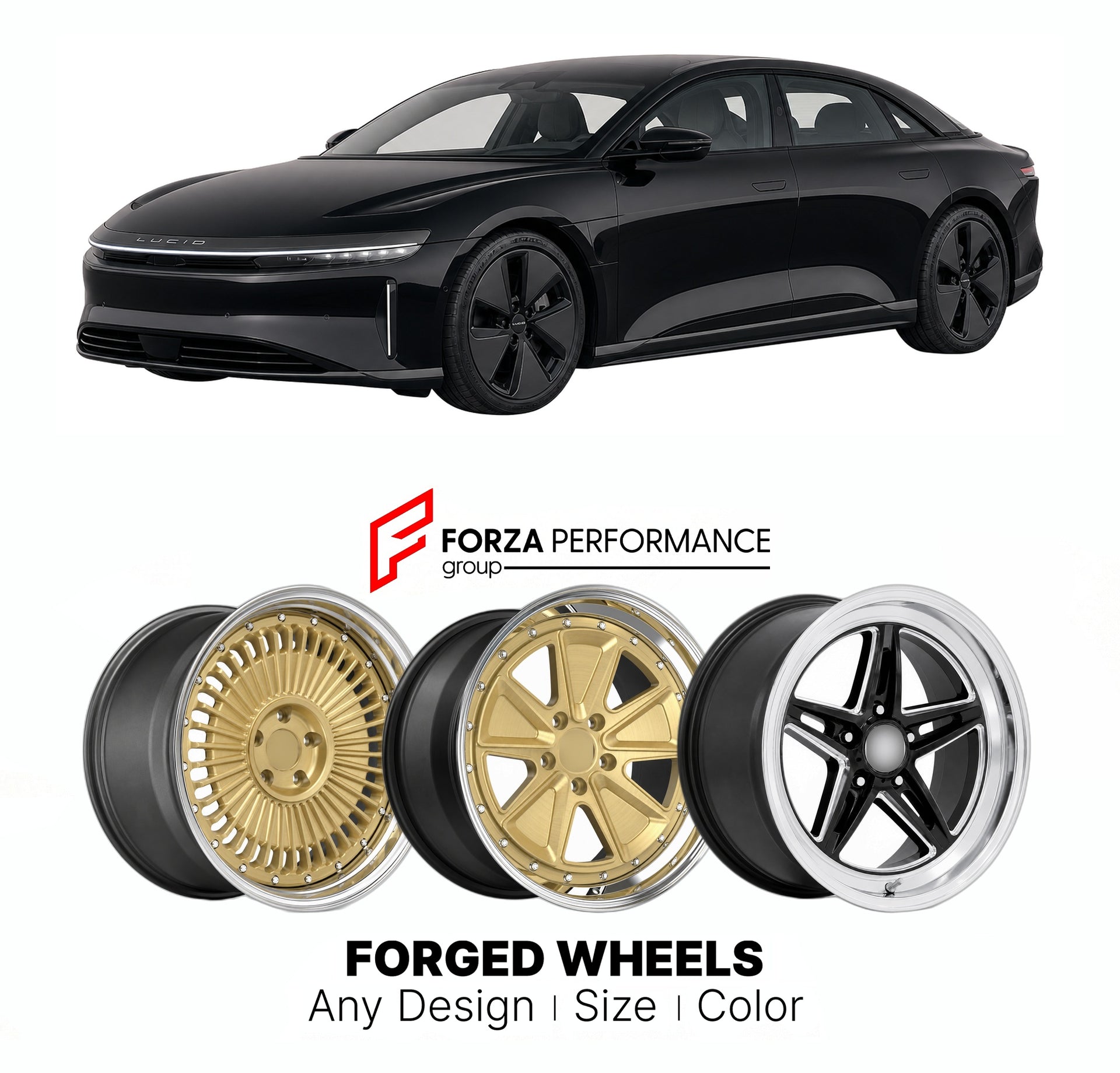 FORGED WHEELS RIMS for LUCID AIR STEALTH LOOK 2021+

Custom forged wheels for Lucid Air Stealth Look 2021+. Made-to-order monoblock, 2-piece and 3-piece rims in custom sizes, offsets, colors and finishes with guaranteed fitment.

We manufacture premium quality forged wheels rims for Lucid Air Stealth Look 2021+ in any design, size, color.

THIS WHEEL DESIGN CAN BE CUSTOM-MADE FOR YOUR CAR IN ANY SIZE AND COLOR OPTIONS
Available in monoblock, 2-piece, 3-piece, duoblock, beadlock
3D wheel renderings are provi