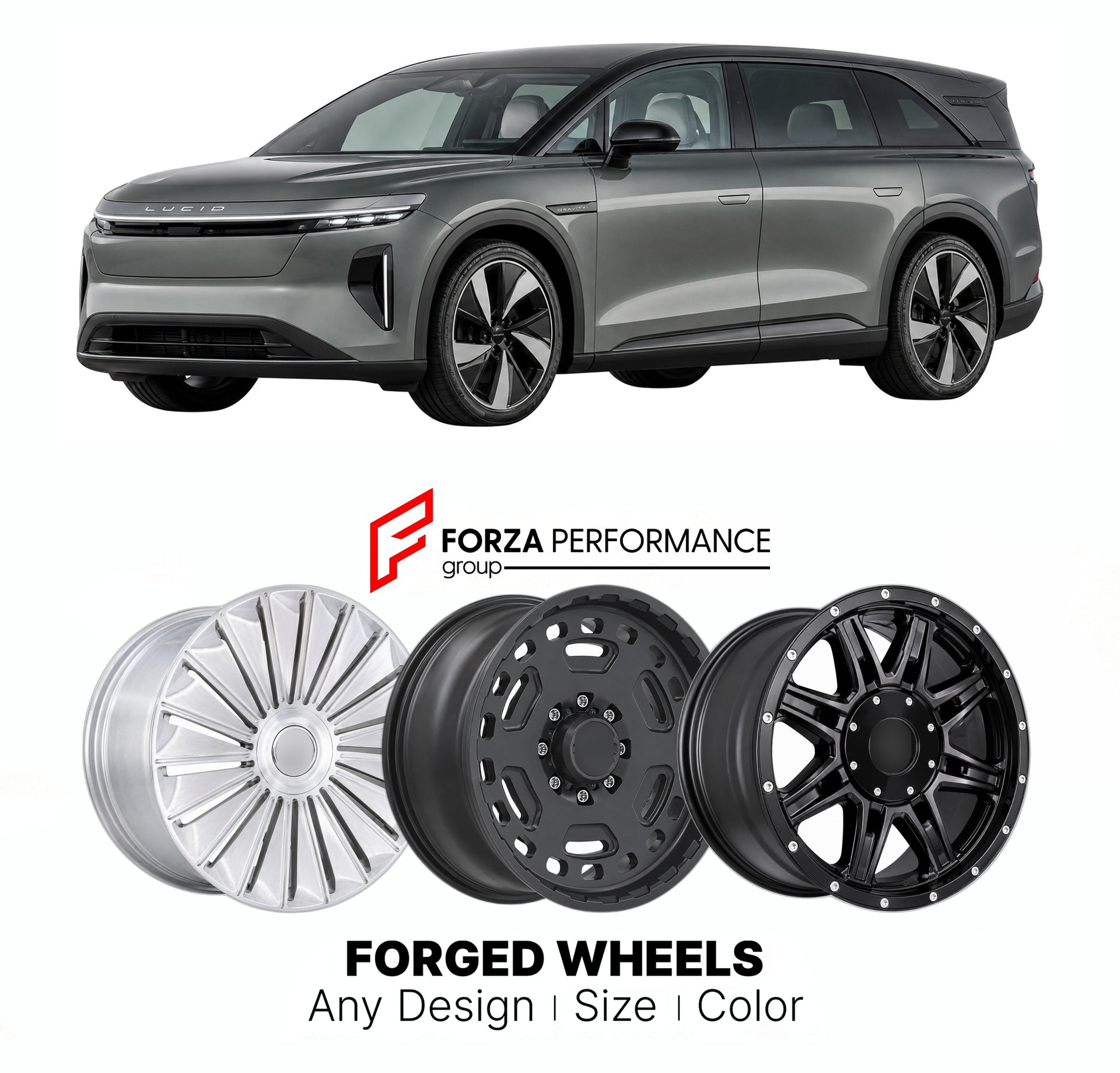FORGED WHEELS RIMS for LUCID GRAVITY DREAM EDITION 2025+

Custom forged wheels for Lucid Gravity Dream Edition 2025+. Made-to-order monoblock, 2-piece and 3-piece rims in custom sizes, offsets, colors and finishes with guaranteed fitment.

We manufacture premium quality forged wheels rims for Lucid Gravity Dream Edition 2025+ in any design, size, color.

THIS WHEEL DESIGN CAN BE CUSTOM-MADE FOR YOUR CAR IN ANY SIZE AND COLOR OPTIONS
Available in monoblock, 2-piece, 3-piece, duoblock, beadlock
3D wheel rende