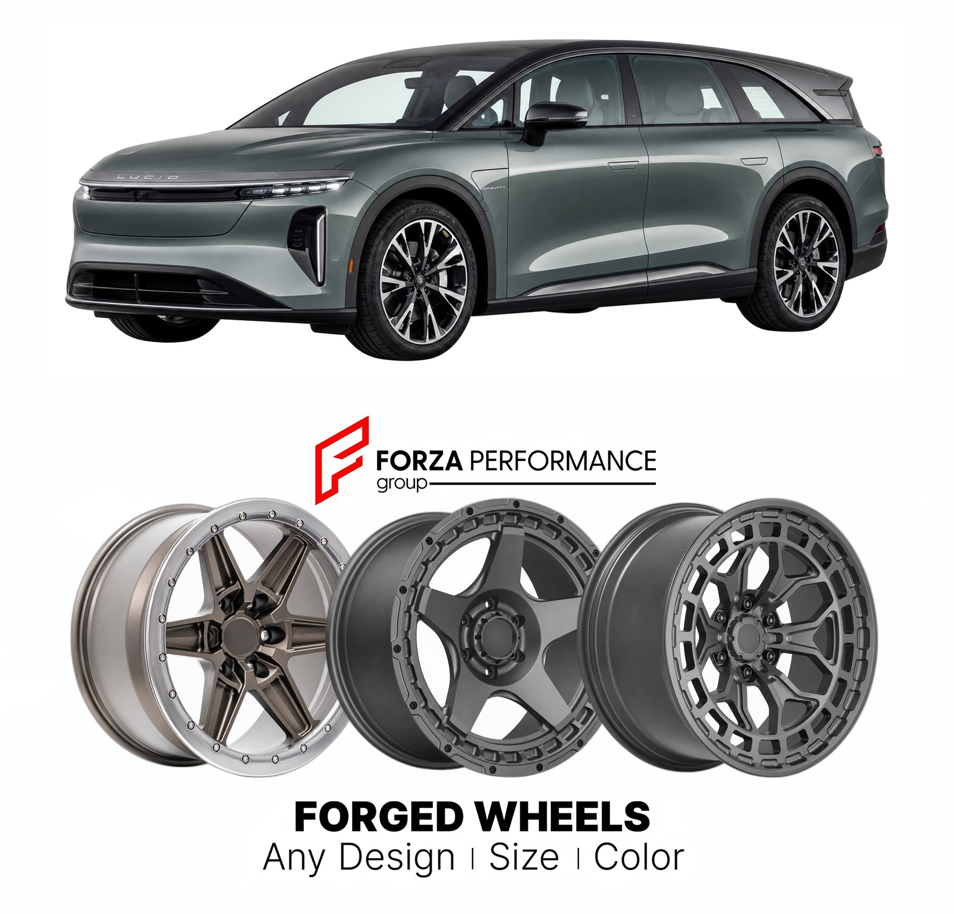 FORGED WHEELS RIMS for LUCID GRAVITY GRAND TOURING 2025+

Custom forged wheels for Lucid Gravity Grand Touring 2025+. Made-to-order monoblock, 2-piece and 3-piece rims in custom sizes, offsets, colors and finishes with guaranteed fitment.

We manufacture premium quality forged wheels rims for Lucid Gravity Grand Touring 2025+ in any design, size, color.

THIS WHEEL DESIGN CAN BE CUSTOM-MADE FOR YOUR CAR IN ANY SIZE AND COLOR OPTIONS
Available in monoblock, 2-piece, 3-piece, duoblock, beadlock
3D wheel rende