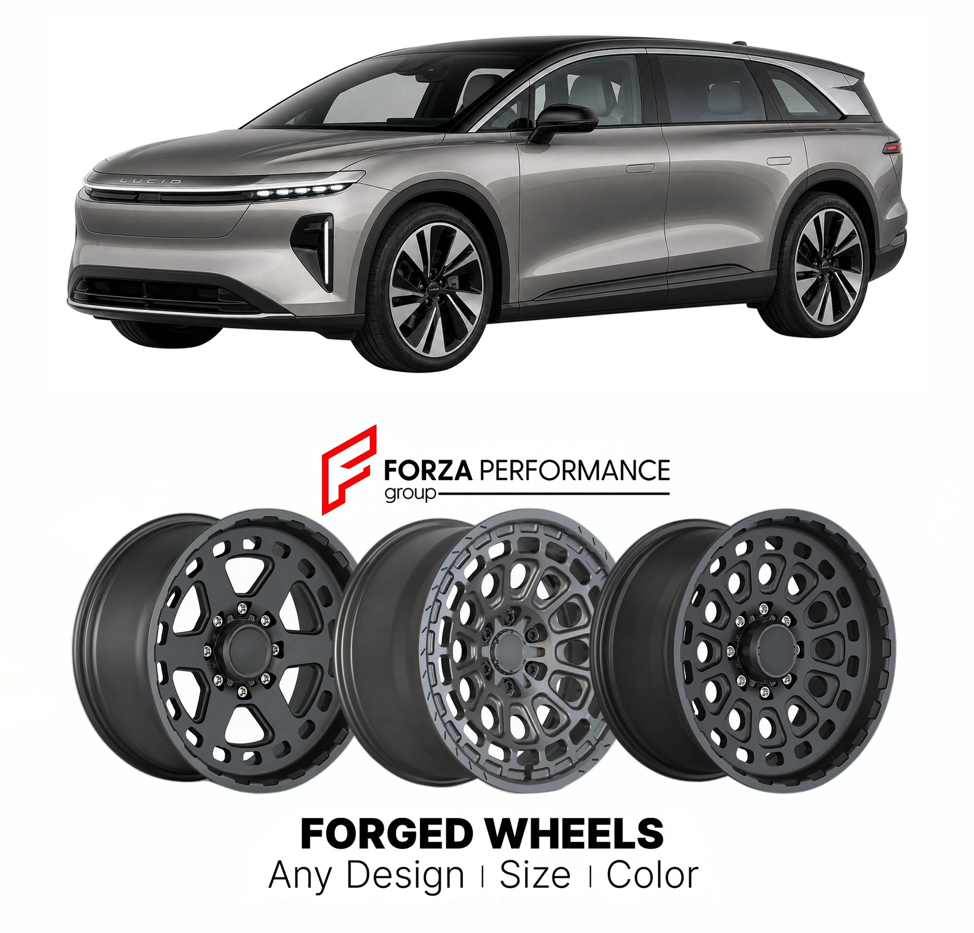 FORGED WHEELS RIMS for LUCID GRAVITY TOURING 2025+

Custom forged wheels for Lucid Gravity Touring 2025+. Made-to-order monoblock, 2-piece and 3-piece rims in custom sizes, offsets, colors and finishes with guaranteed fitment.

We manufacture premium quality forged wheels rims for Lucid Gravity Touring 2025+ in any design, size, color.

THIS WHEEL DESIGN CAN BE CUSTOM-MADE FOR YOUR CAR IN ANY SIZE AND COLOR OPTIONS
Available in monoblock, 2-piece, 3-piece, duoblock, beadlock
3D wheel renderings are provided