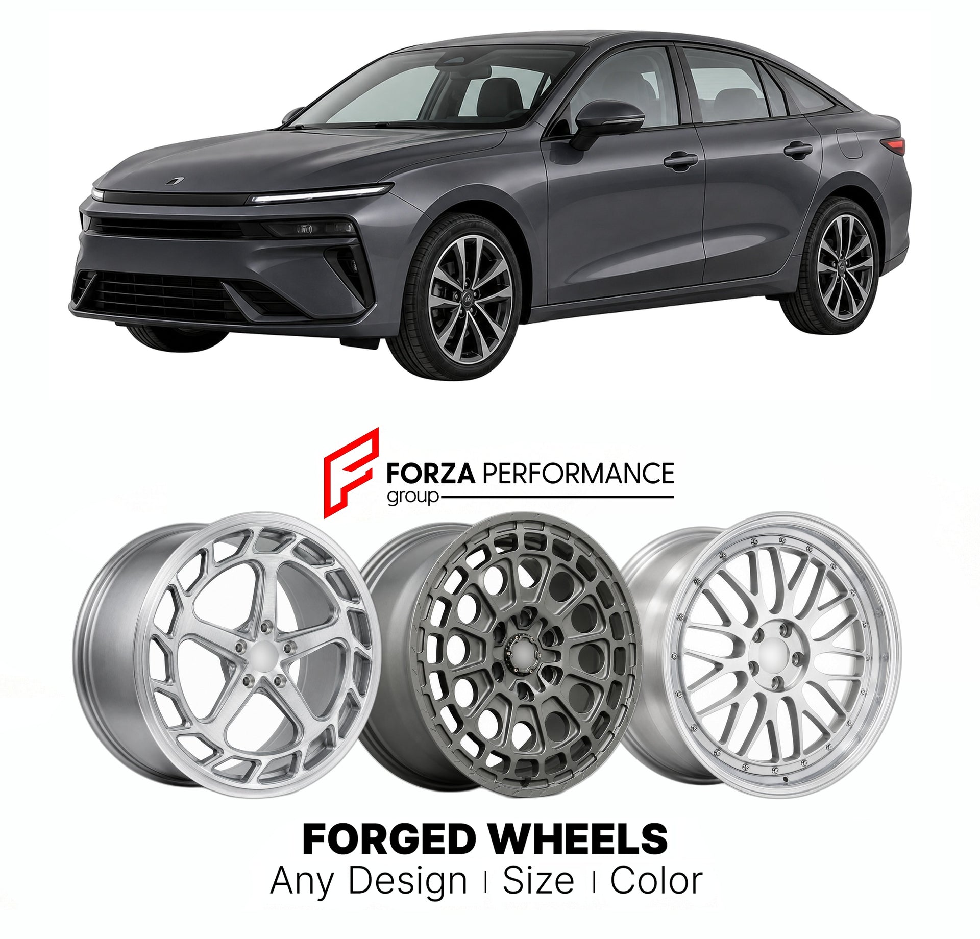 Custom forged wheels for Lynk & Co Geely 3 2021+. Made-to-order monoblock, 2-piece and 3-piece wheels in custom sizes, offsets, colors and finishes with guaranteed vehicle fitment.

We manufacture premium quality forged wheels rims for Lynk & Co Geely 3 2021+ in any design, size, color.

THIS WHEEL DESIGN CAN BE CUSTOM-MADE FOR YOUR CAR IN ANY SIZE AND COLOR OPTIONS
Available in monoblock, 2-piece, 3-piece, duoblock, beadlock
3D wheel renderings are provided according to the exact dimensions and specificati