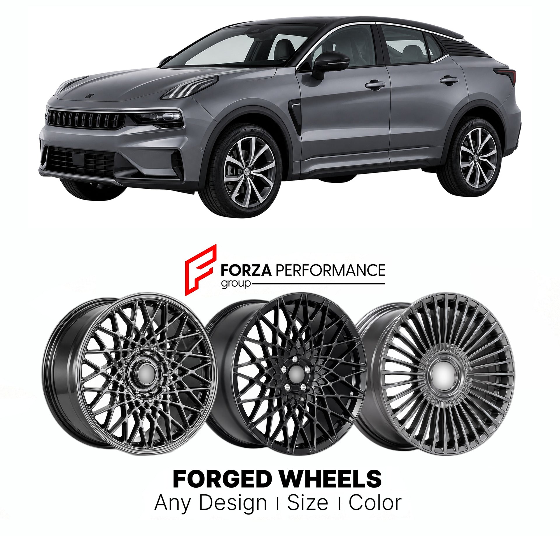 Custom forged wheels for Lynk & Co Geely 5 2019+. Made-to-order monoblock, 2-piece and 3-piece wheels in custom sizes, offsets, colors and finishes with guaranteed vehicle fitment.

We manufacture premium quality forged wheels rims for Lynk & Co Geely 5 2019+ in any design, size, color.

THIS WHEEL DESIGN CAN BE CUSTOM-MADE FOR YOUR CAR IN ANY SIZE AND COLOR OPTIONS
Available in monoblock, 2-piece, 3-piece, duoblock, beadlock
3D wheel renderings are provided according to the exact dimensions and specificati