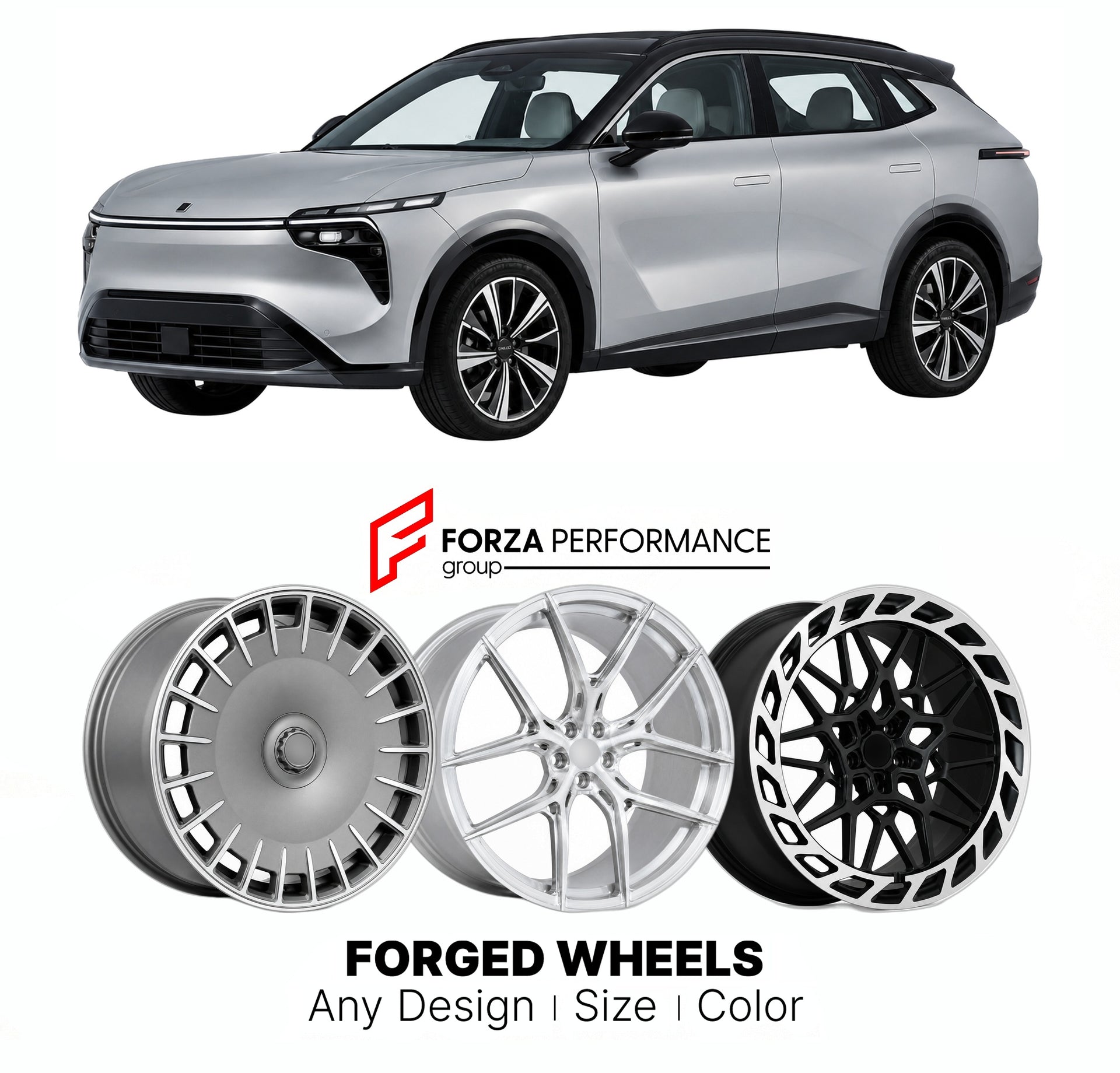 Custom forged wheels for Lynk & Co Geely 8 2023+. Made-to-order monoblock, 2-piece and 3-piece wheels in custom sizes, offsets, colors and finishes with guaranteed vehicle fitment.

We manufacture premium quality forged wheels rims for Lynk & Co Geely 8 2023+ in any design, size, color.

THIS WHEEL DESIGN CAN BE CUSTOM-MADE FOR YOUR CAR IN ANY SIZE AND COLOR OPTIONS
Available in monoblock, 2-piece, 3-piece, duoblock, beadlock
3D wheel renderings are provided according to the exact dimensions and specificati