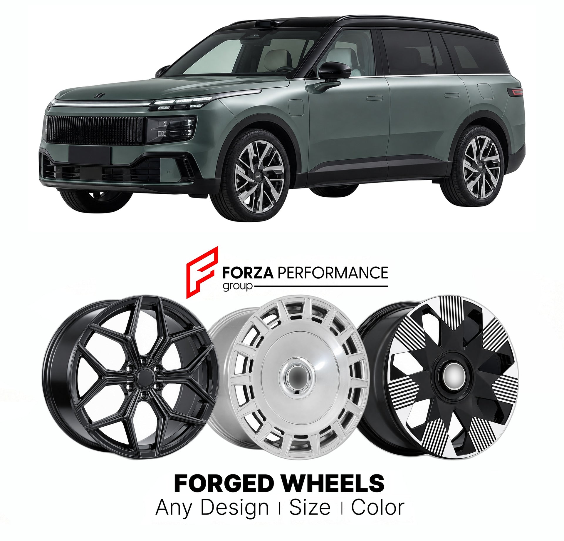 Custom forged wheels for Lynk & Co Geely 900 2025+. Made-to-order monoblock, 2-piece and 3-piece wheels in custom sizes, offsets, colors and finishes with guaranteed vehicle fitment.

We manufacture premium quality forged wheels rims for Lynk & Co Geely 900 2025+ in any design, size, color.

THIS WHEEL DESIGN CAN BE CUSTOM-MADE FOR YOUR CAR IN ANY SIZE AND COLOR OPTIONS
Available in monoblock, 2-piece, 3-piece, duoblock, beadlock
3D wheel renderings are provided according to the exact dimensions and specifi