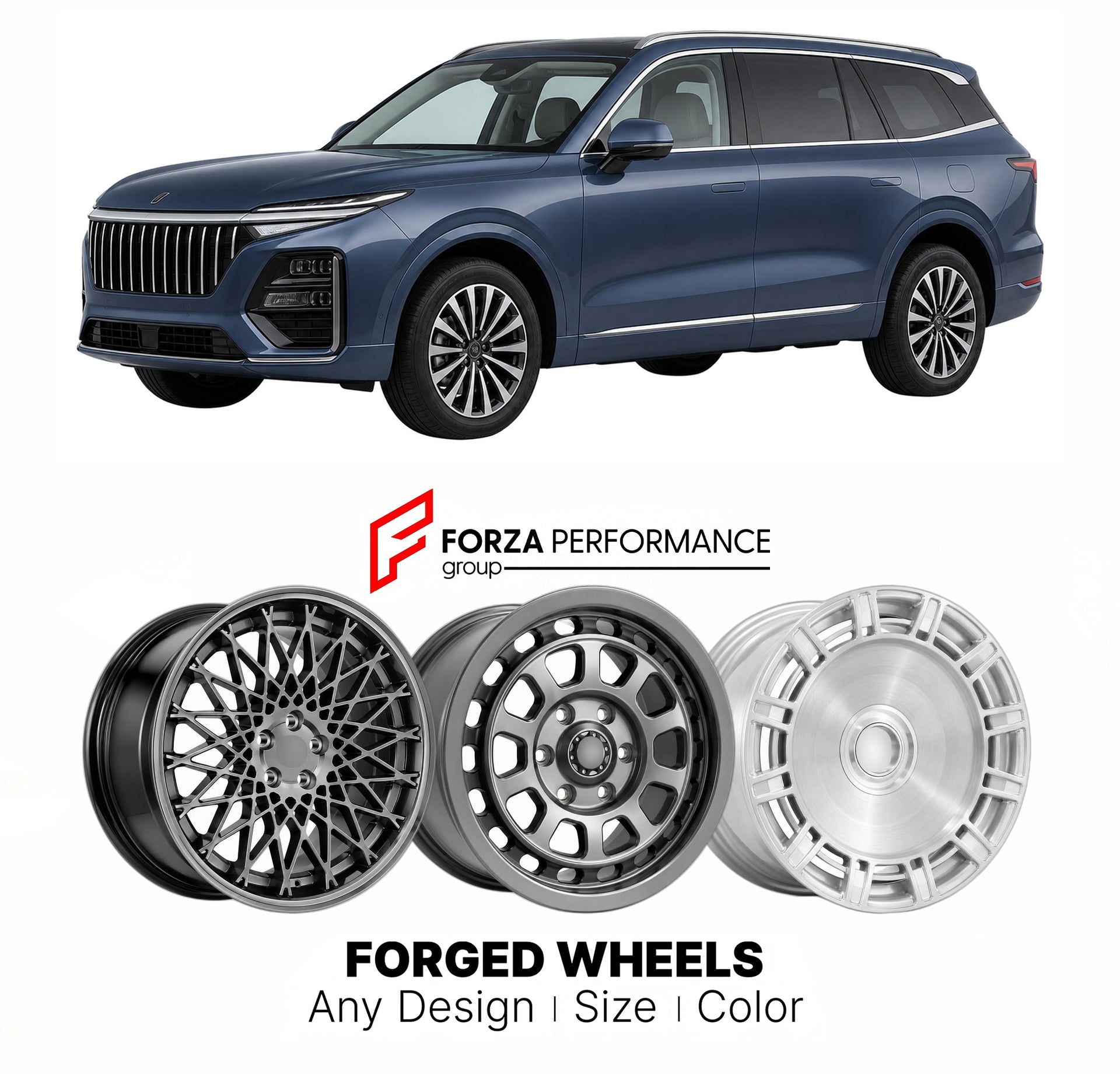 Custom forged wheels for Lynk & Co Geely 9 2021+. Made-to-order monoblock, 2-piece and 3-piece wheels in custom sizes, offsets, colors and finishes with guaranteed vehicle fitment.

We manufacture premium quality forged wheels rims for Lynk & Co Geely 9 2021+ in any design, size, color.

THIS WHEEL DESIGN CAN BE CUSTOM-MADE FOR YOUR CAR IN ANY SIZE AND COLOR OPTIONS
Available in monoblock, 2-piece, 3-piece, duoblock, beadlock
3D wheel renderings are provided according to the exact dimensions and specificati