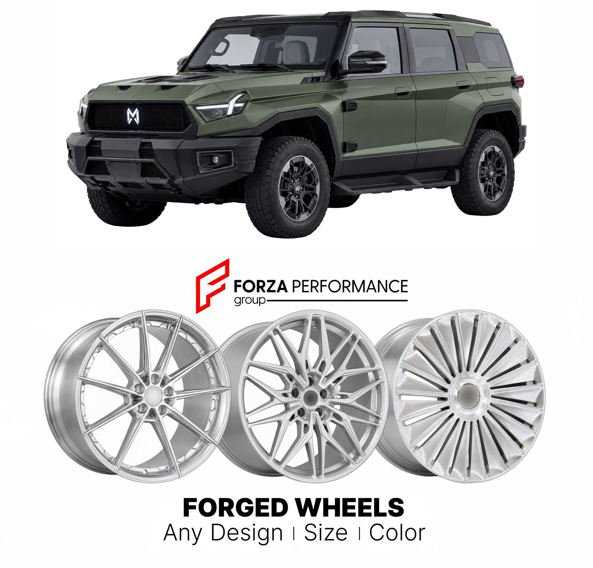 Custom forged wheels for M-Hero Dongfeng 917 1 2023+. Made-to-order monoblock, 2-piece and 3-piece wheels in custom sizes, offsets, colors and finishes with guaranteed vehicle fitment.

We manufacture premium quality forged wheels rims for M-Hero Dongfeng 917 1 2023+ in any design, size, color.

THIS WHEEL DESIGN CAN BE CUSTOM-MADE FOR YOUR CAR IN ANY SIZE AND COLOR OPTIONS
Available in monoblock, 2-piece, 3-piece, duoblock, beadlock
3D wheel renderings are provided according to the exact dimensions and spe