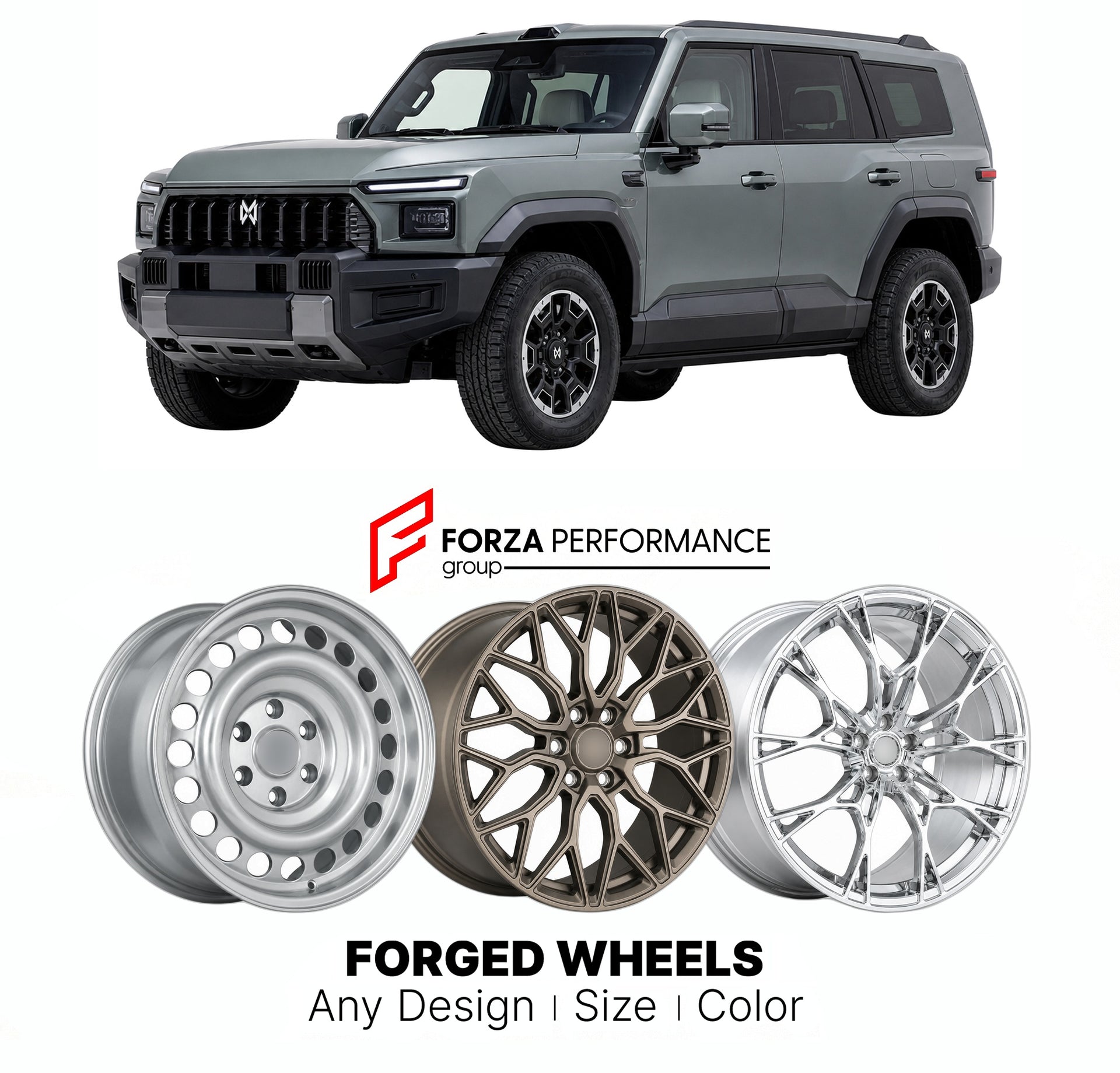 Custom forged wheels for M-Hero Dongfeng M817 2025+. Made-to-order monoblock, 2-piece and 3-piece wheels in custom sizes, offsets, colors and finishes with guaranteed vehicle fitment.

We manufacture premium quality forged wheels rims for M-Hero Dongfeng M817 2025+ in any design, size, color.

THIS WHEEL DESIGN CAN BE CUSTOM-MADE FOR YOUR CAR IN ANY SIZE AND COLOR OPTIONS
Available in monoblock, 2-piece, 3-piece, duoblock, beadlock
3D wheel renderings are provided according to the exact dimensions and speci